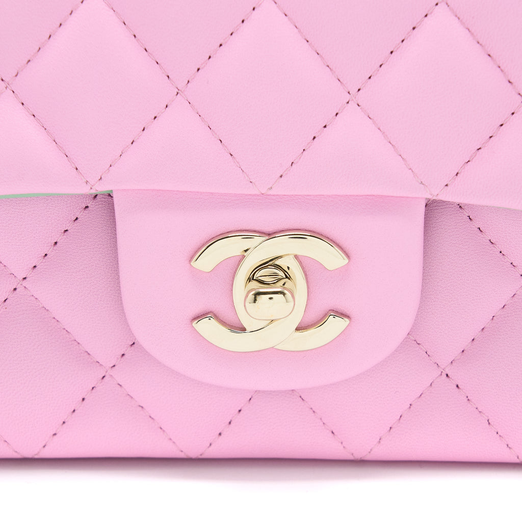 CHANEL TOP HANDLE MINI RECTANGULAR LAMBSKIN PINK/LIGHT GREEN LGHW (MICROCHIP)