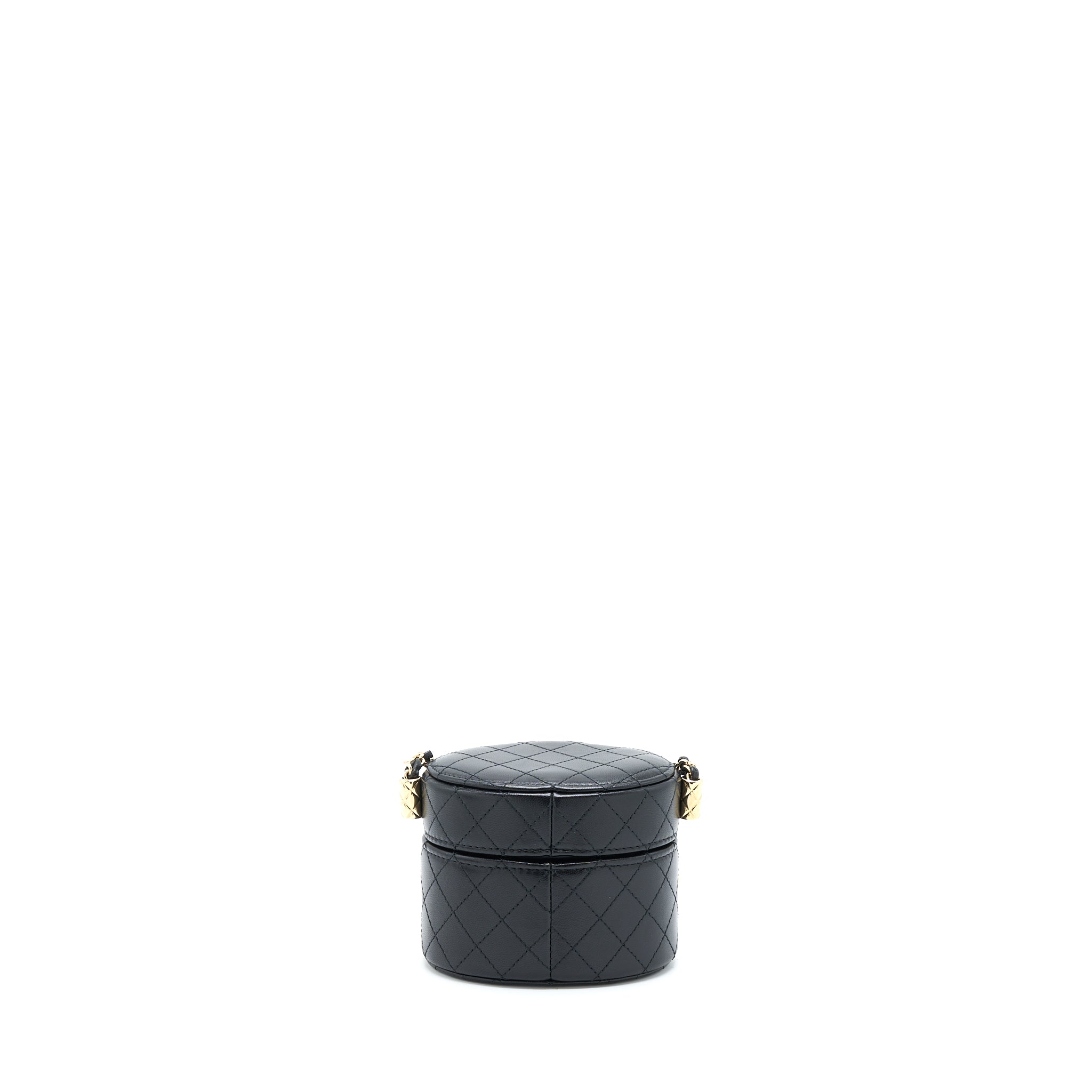 CHANEL MINI ROUND VANITY WITH CHAIN LAMBSKIN BLACK LGHW
