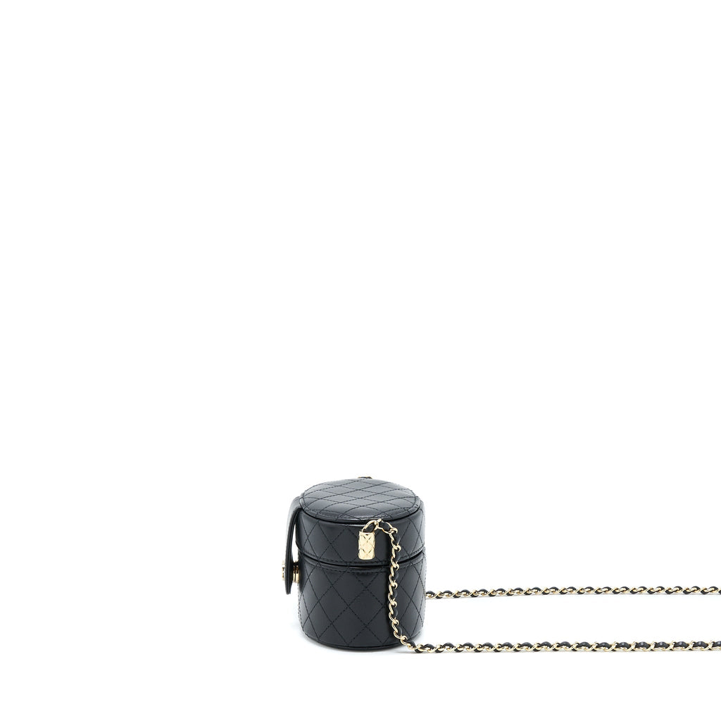 CHANEL MINI ROUND VANITY WITH CHAIN LAMBSKIN BLACK LGHW