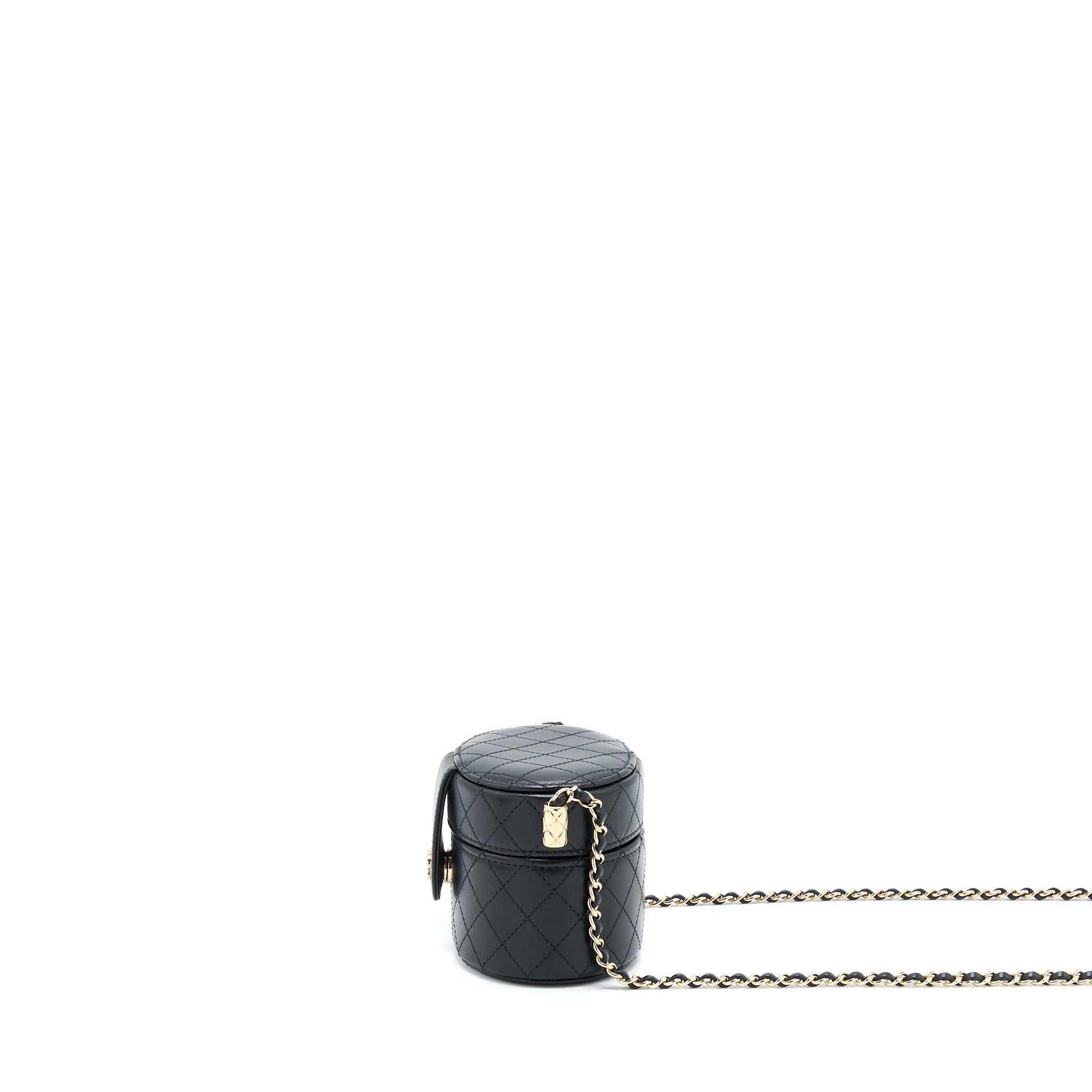 CHANEL MINI ROUND VANITY WITH CHAIN LAMBSKIN BLACK LGHW