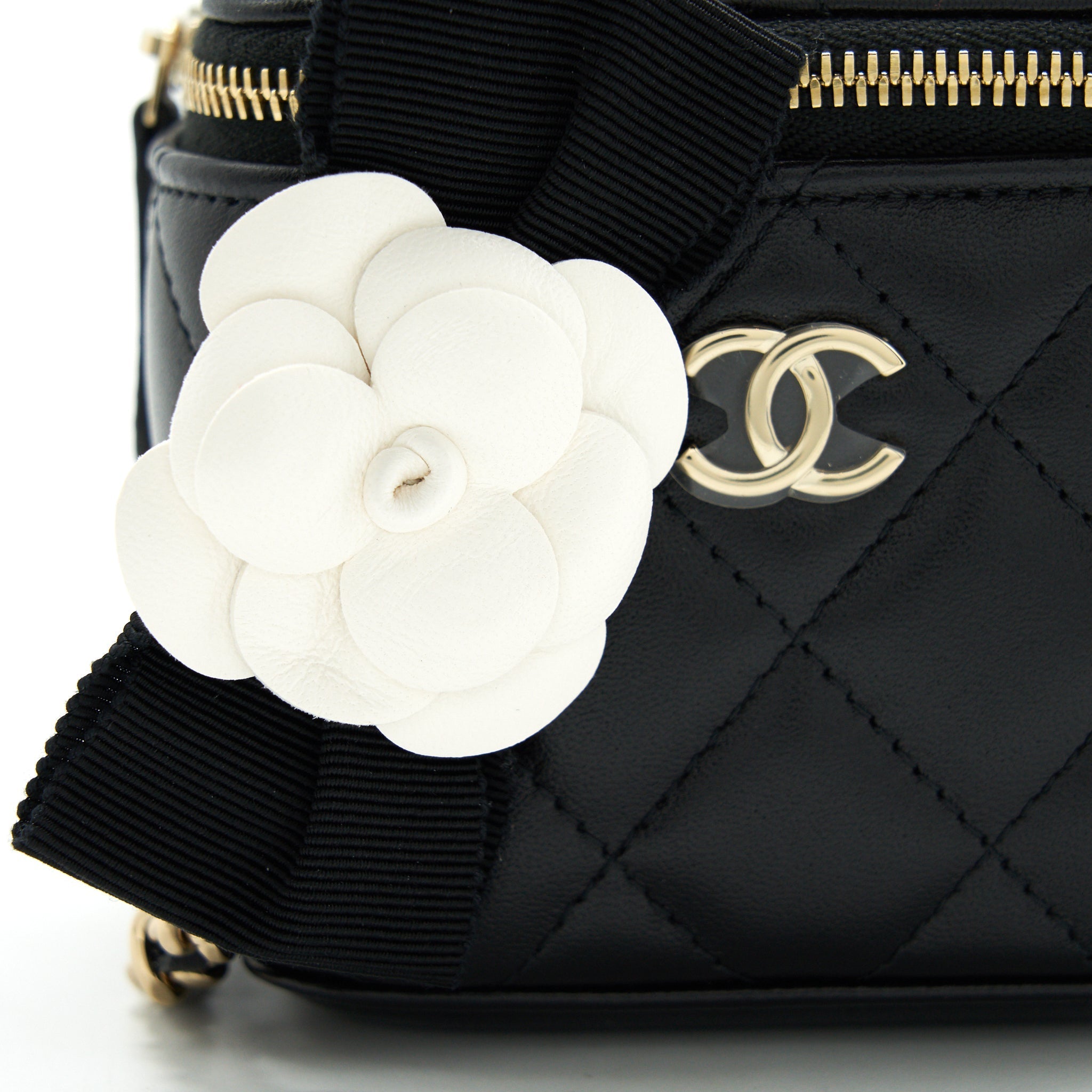 CHANEL MINI VANITY WITH CAMELLIA CHAIN LAMBSKIN BLACK LGHW