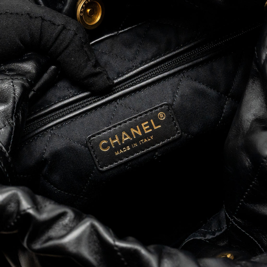 CHANEL SMALL 22 BAG GOLD LETTER CALFSKIN BLACK GHW (MICROCHIP)