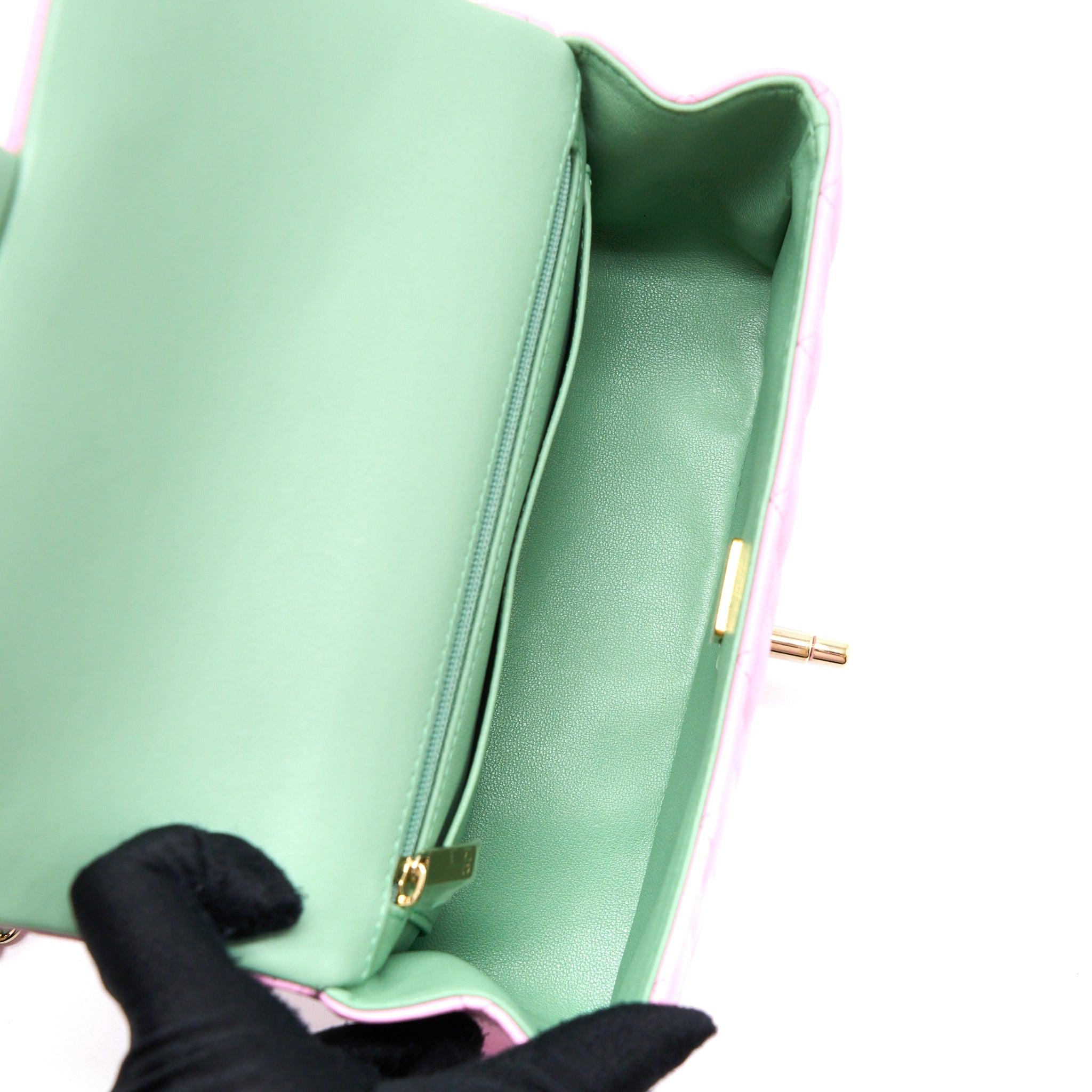 CHANEL TOP HANDLE MINI RECTANGULAR LAMBSKIN PINK/LIGHT GREEN LGHW (MICROCHIP)
