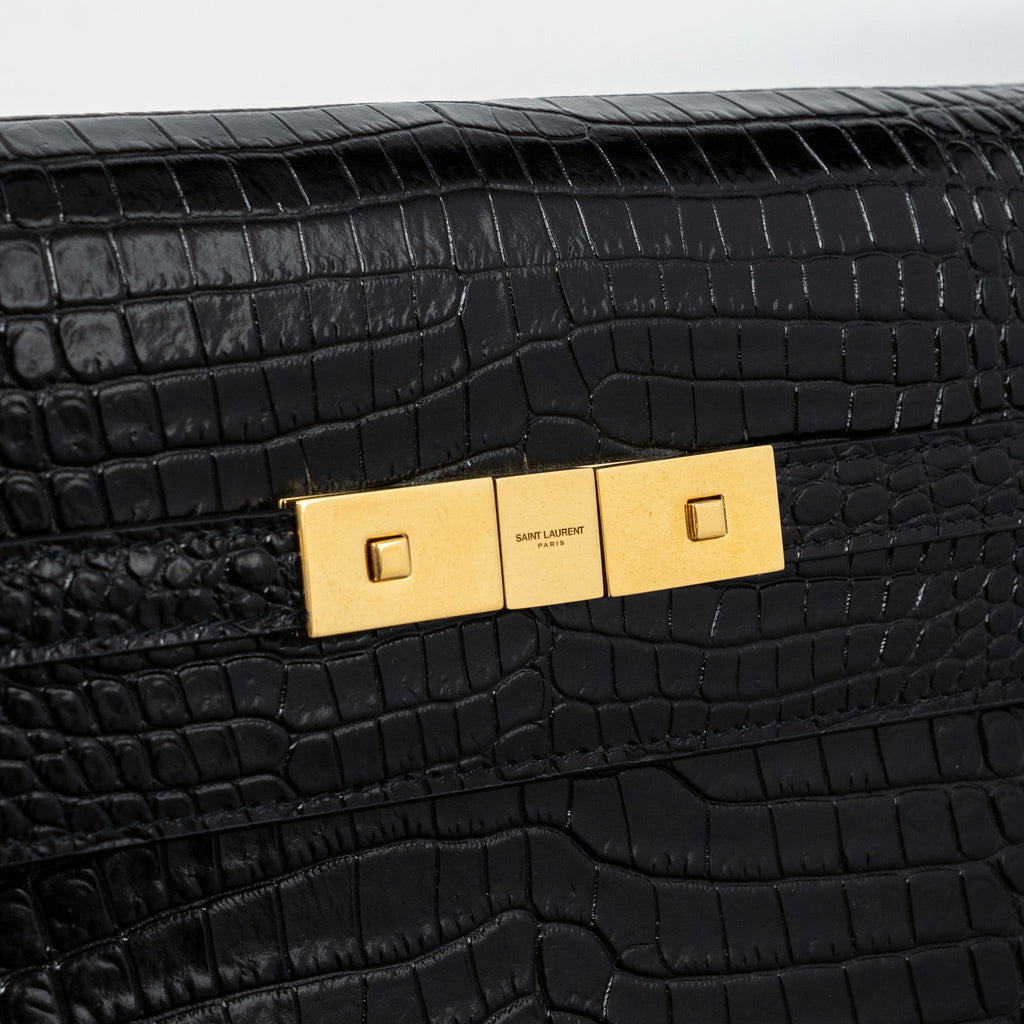 SAINT LAURENT MANHATTAN SHOULDER BAG CROC-EMBOSSED CALFSKIN BLACK GHW