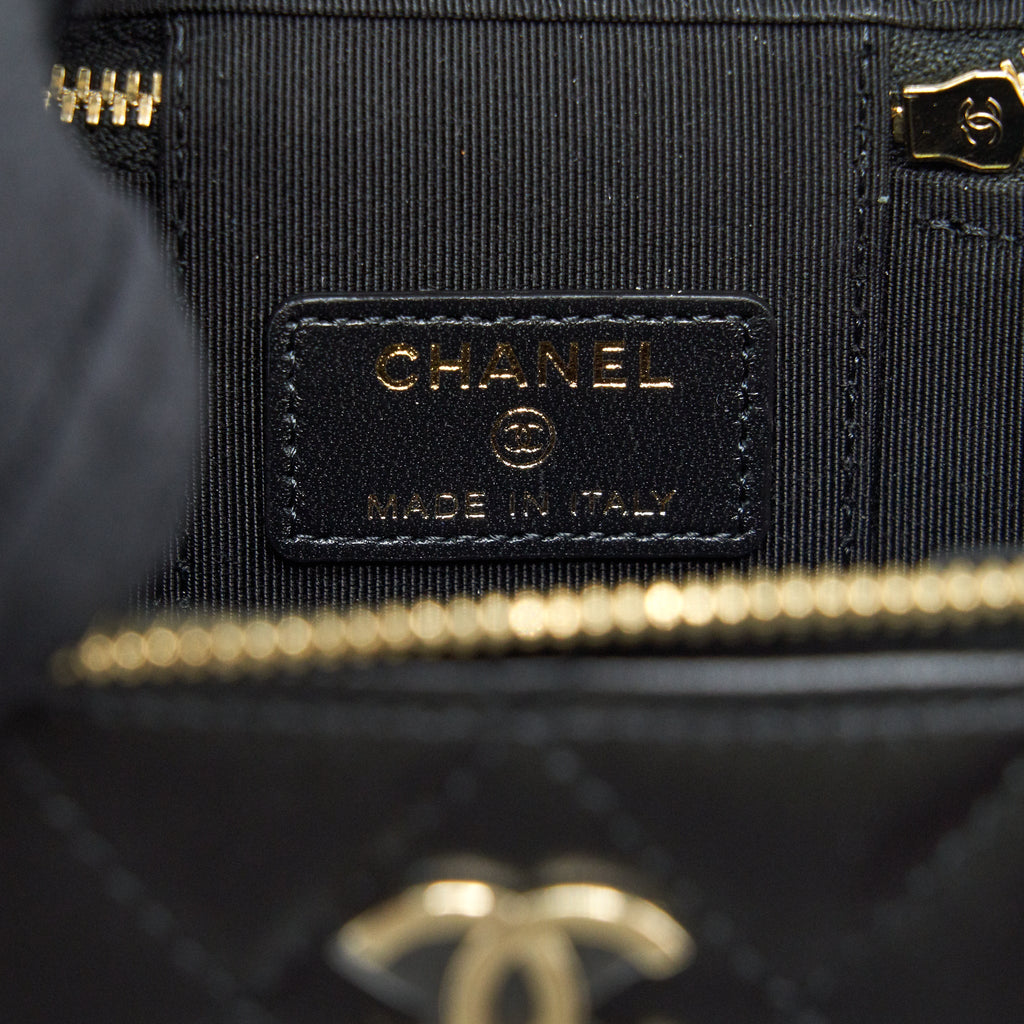 CHANEL MINI VANITY WITH CAMELLIA CHAIN LAMBSKIN BLACK LGHW