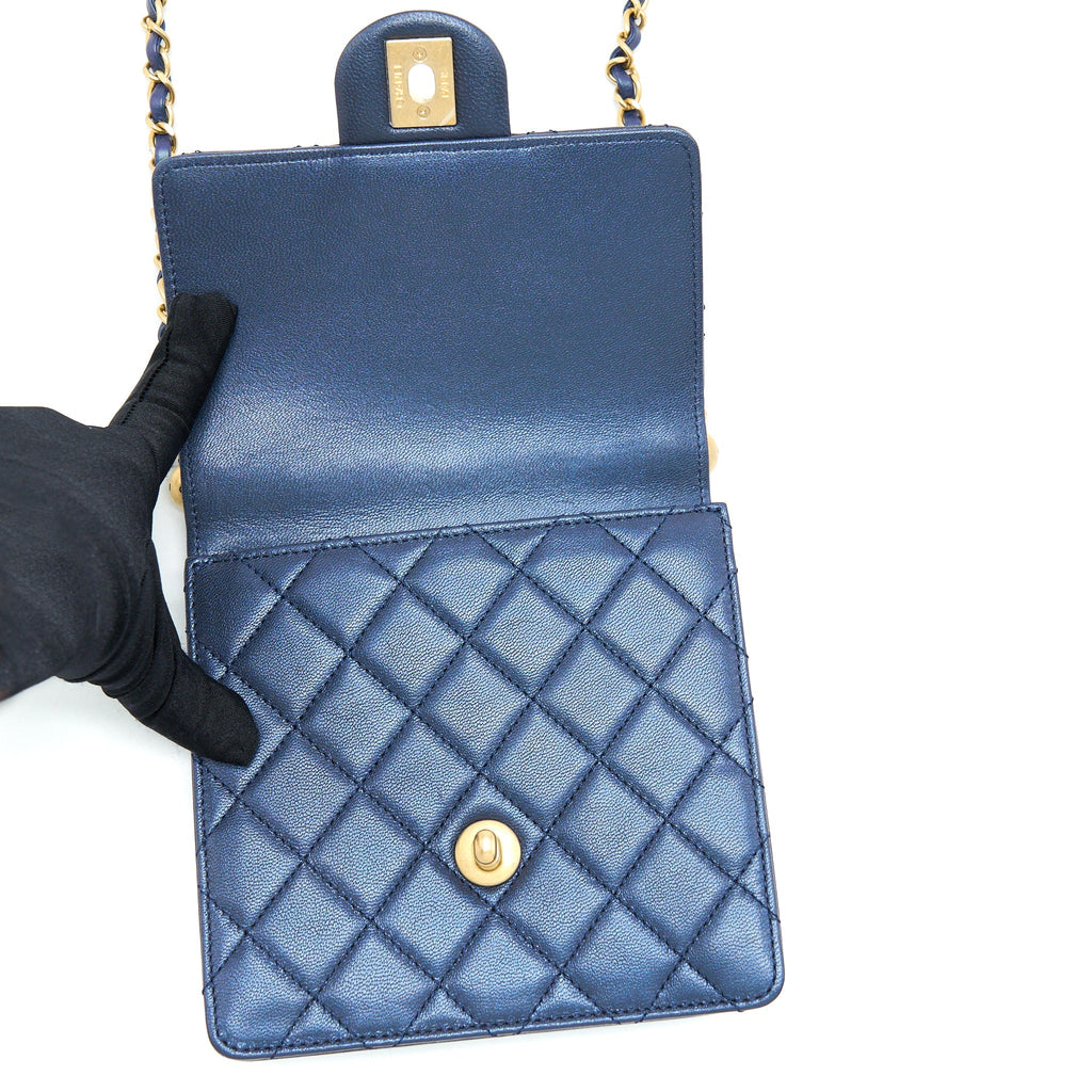 CHANEL VERTICAL PEARL FLAP BAG LAMBSKIN DARK BLUE GHW