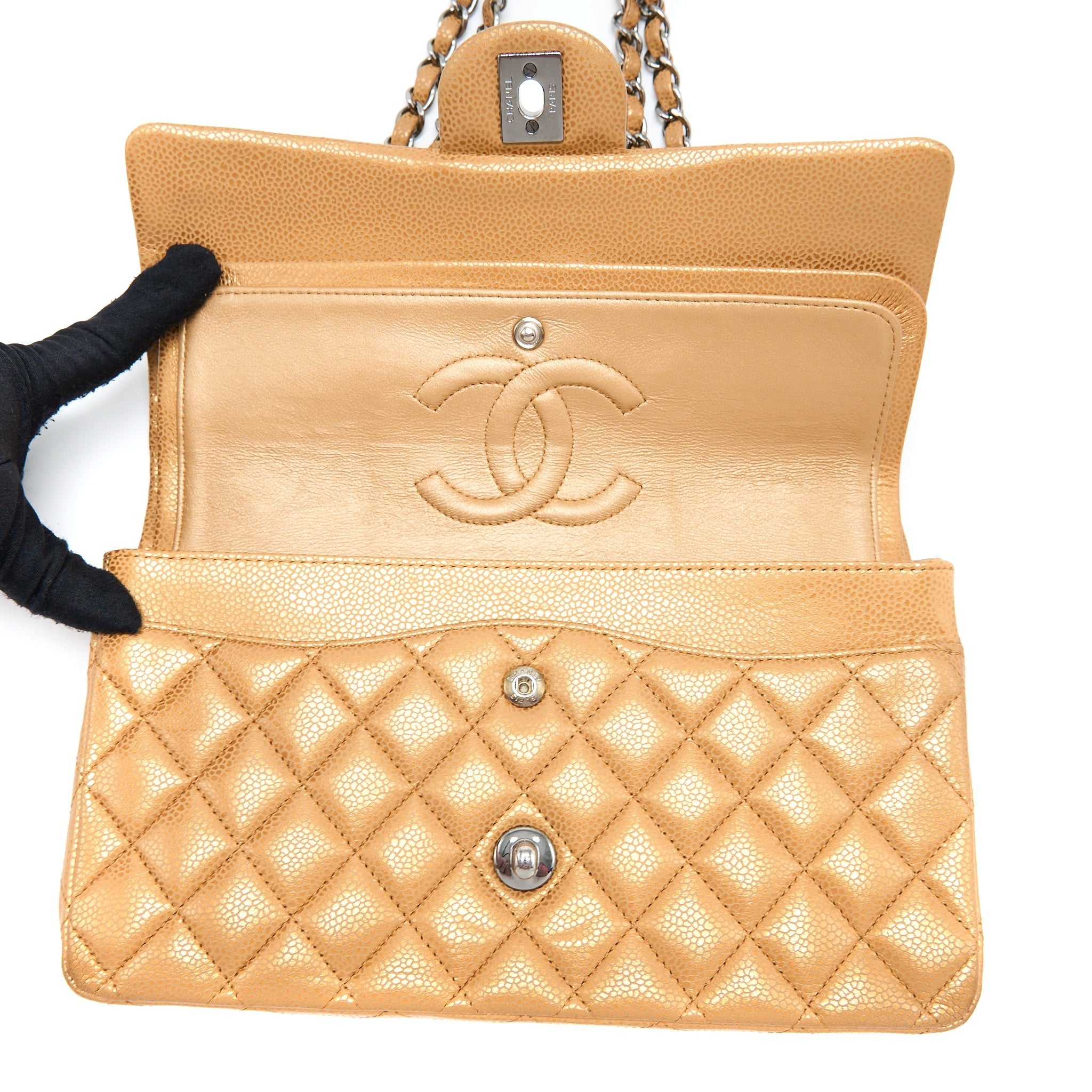 CHANEL MEDIUM CLASSIC DOUBLE FLAP BAG CAVIAR METALLIC IRIDESCENT RUTHENIUM HARDWARE