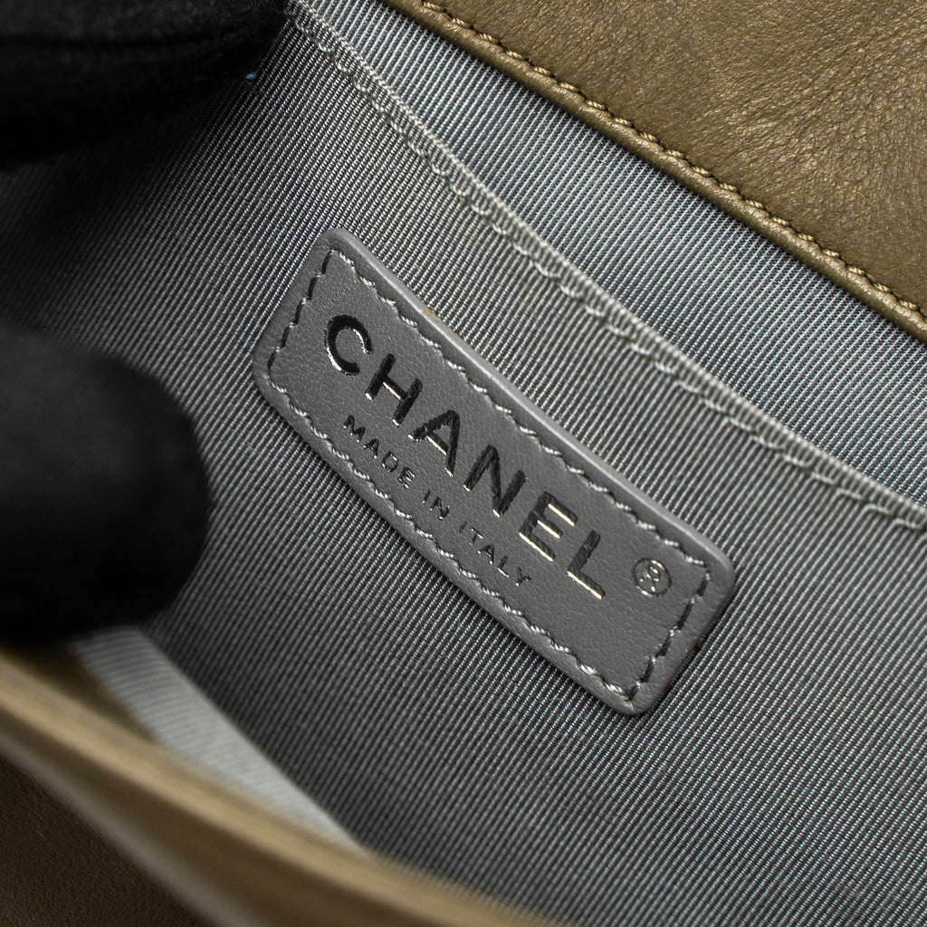 CHANEL MEDIUM BOY BAG LAMBSKIN KHAKI RUTHENIUM HARDWARE