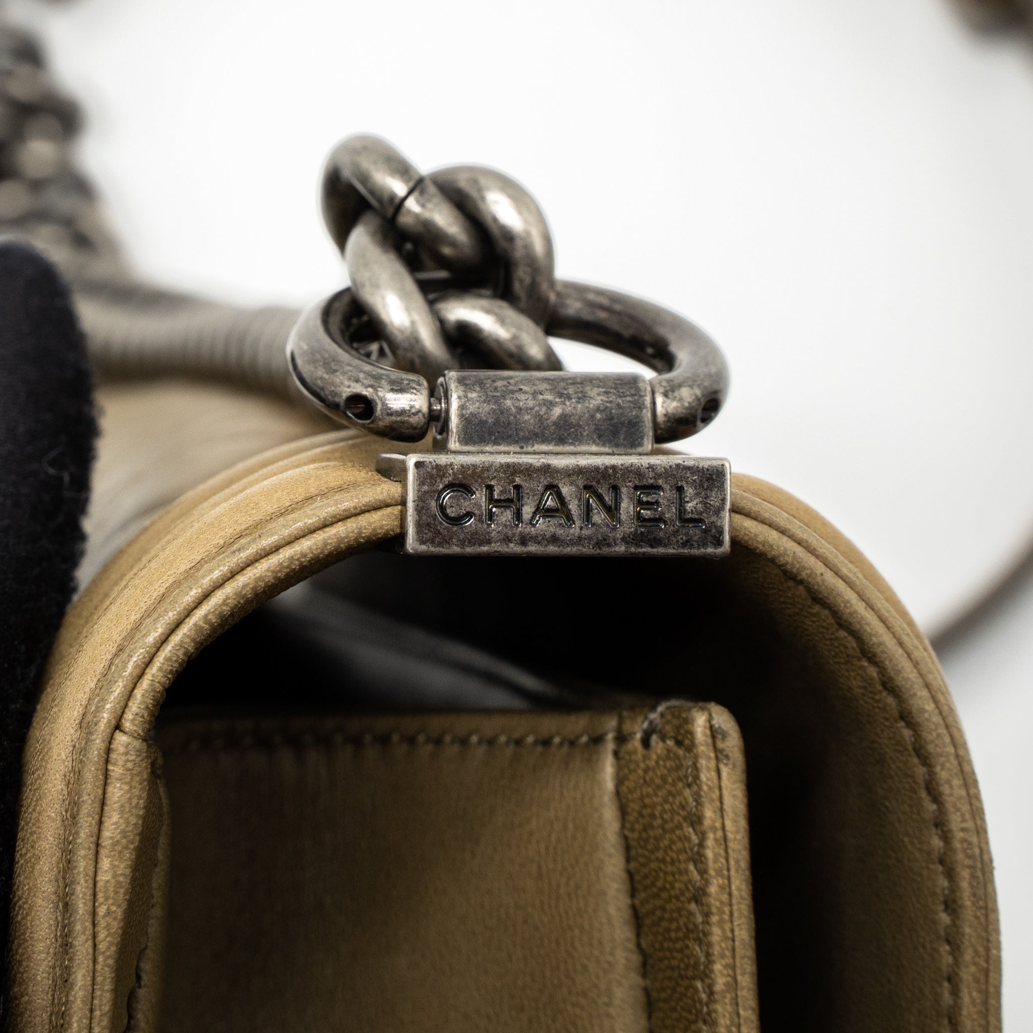 CHANEL MEDIUM BOY BAG LAMBSKIN KHAKI RUTHENIUM HARDWARE
