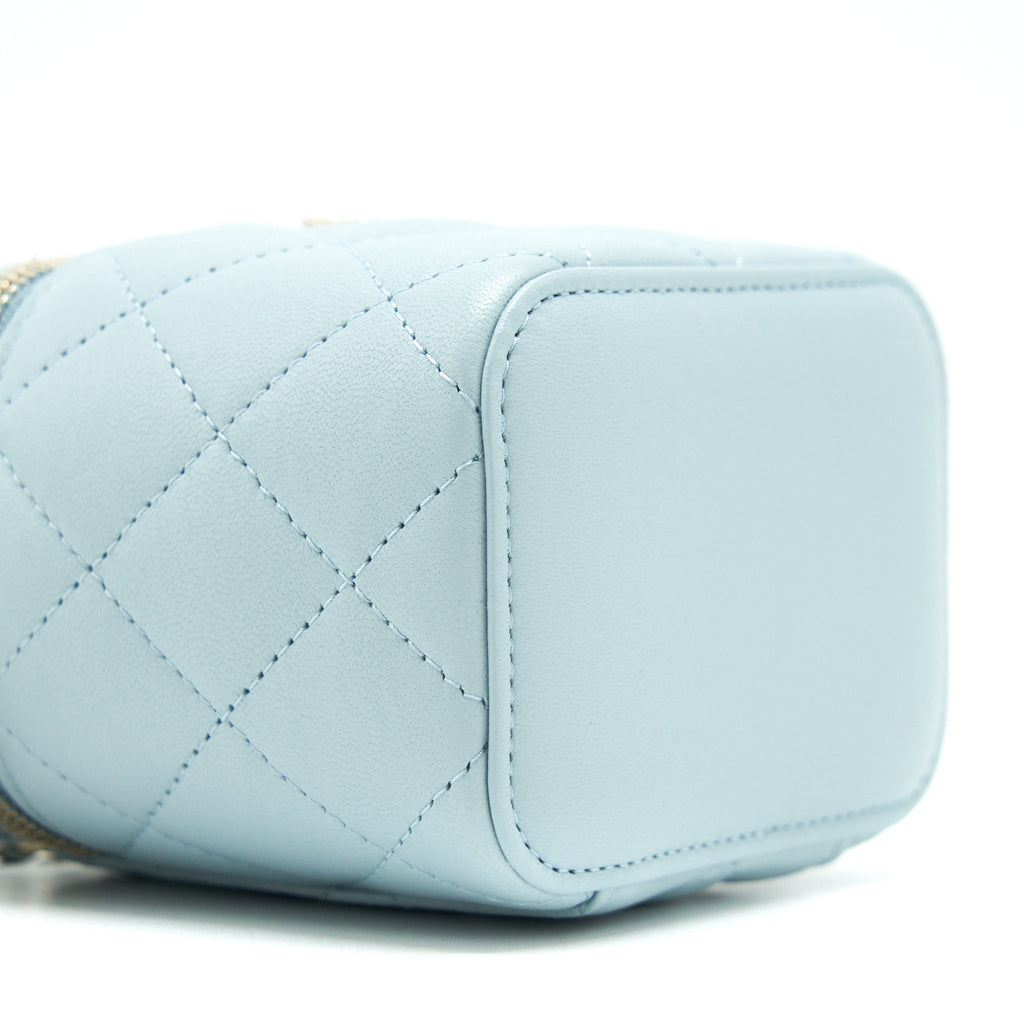 CHANEL 22P TOP HANDLE MINI VANITY WITH CHAIN LAMBSKIN LIGHT BLUE LGHW