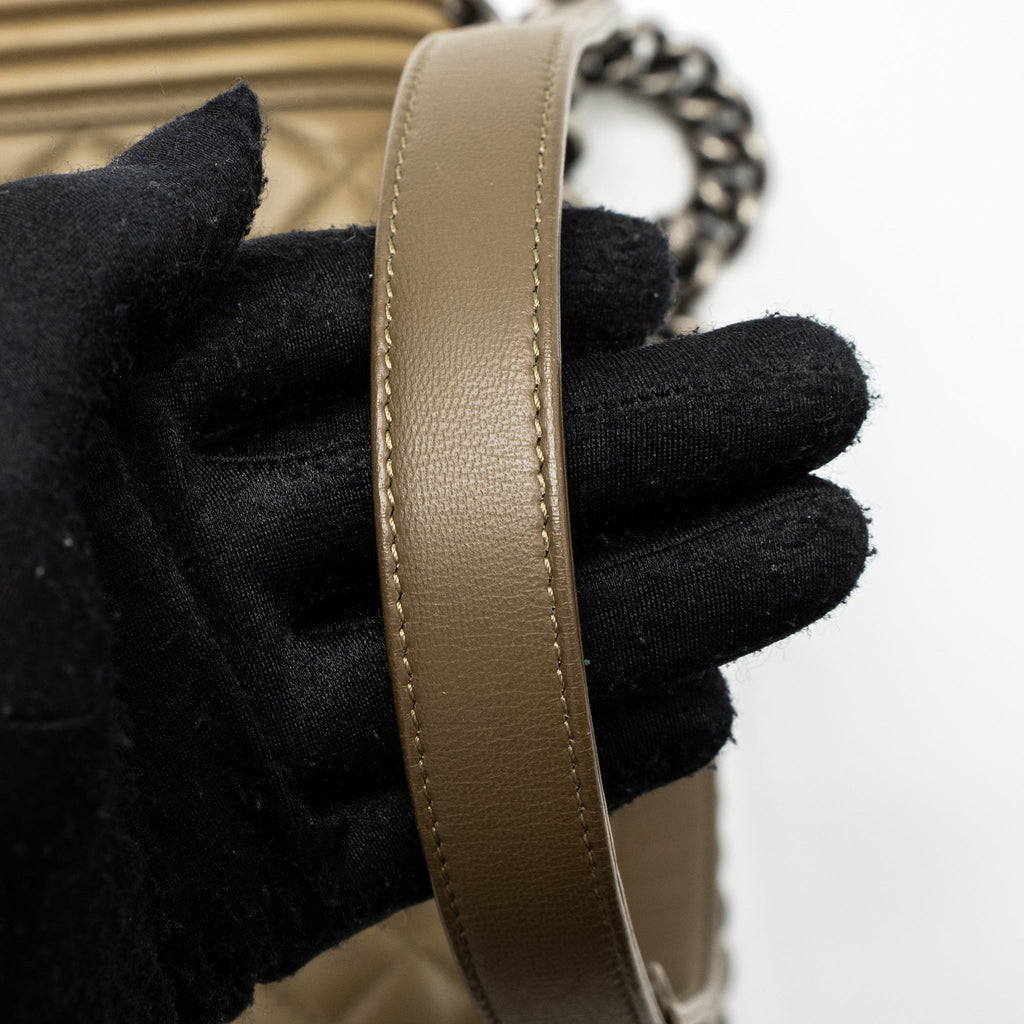 CHANEL MEDIUM BOY BAG LAMBSKIN KHAKI RUTHENIUM HARDWARE