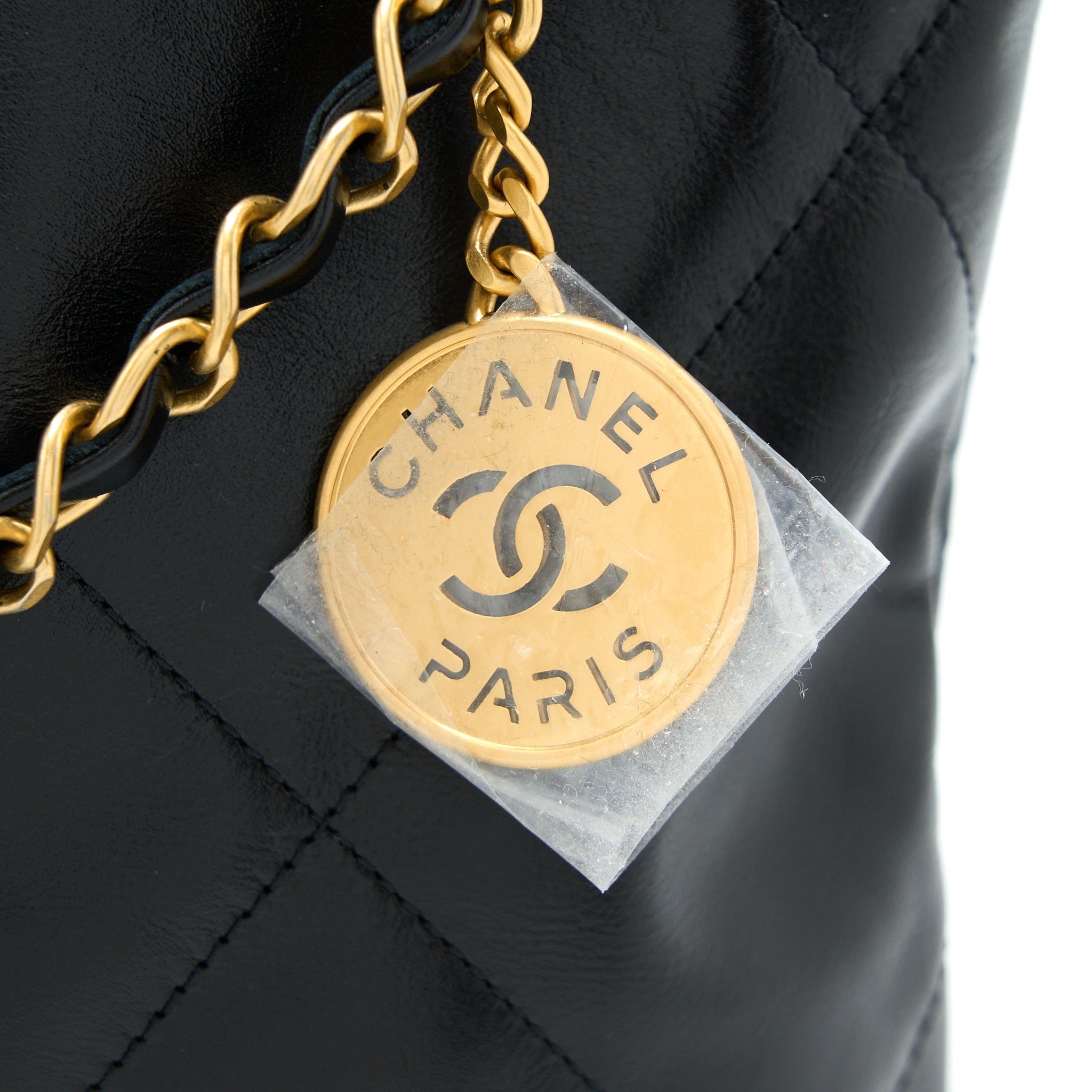 CHANEL SMALL 22 BAG GOLD LETTER SHINY CALFSKIN BLACK GHW (MICROCHIP)