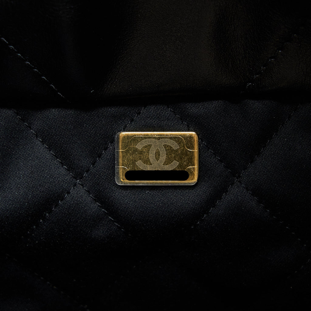 CHANEL SMALL 22 BAG GOLD LETTER SHINY CALFSKIN BLACK GHW (MICROCHIP)