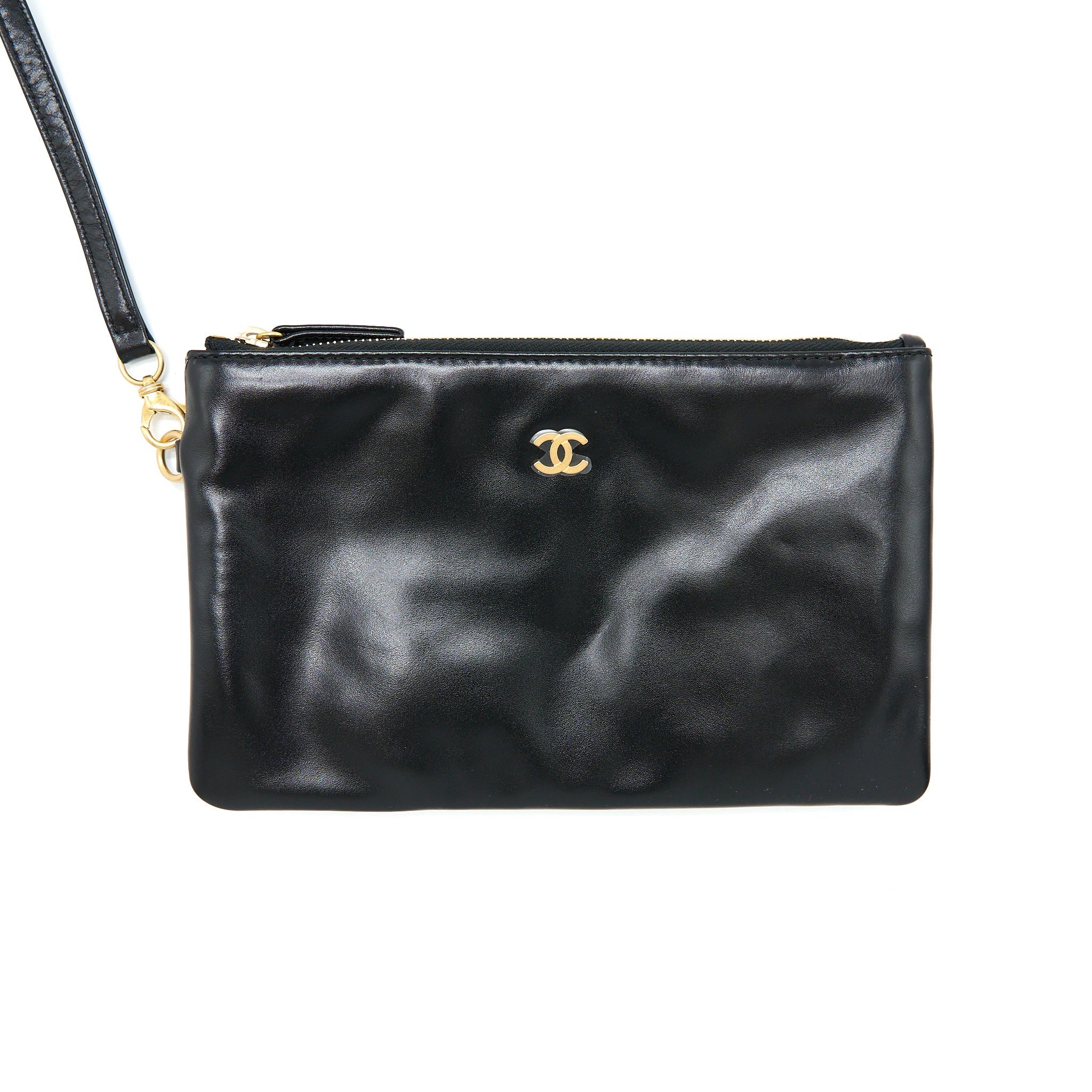 CHANEL SMALL 22 BAG GOLD LETTER SHINY CALFSKIN BLACK GHW (MICROCHIP)