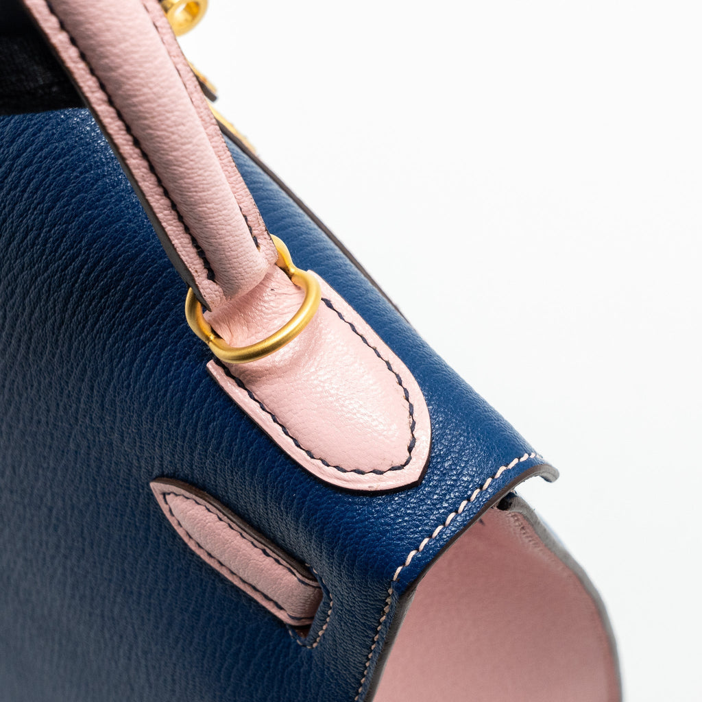 HERMES KELLY 28 SPECIAL ORDER CHEVRE MYSORE BLUE SAPPHIRE / ROSE SAKURA BRUSHED GHW