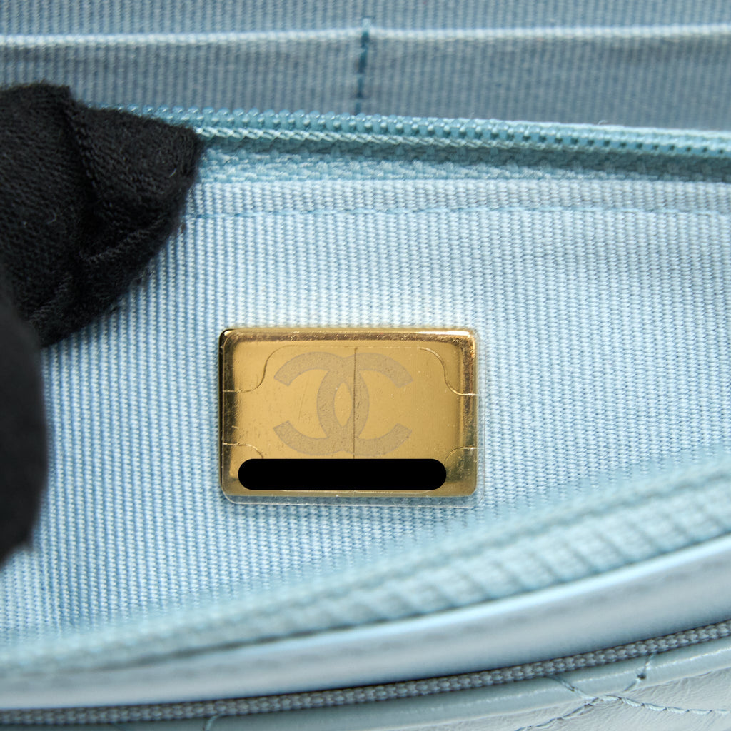 CHANEL 2.55 REISSUE WALLET ON CHAIN AGED CALFSKIN LIGHT BLUE BRUSHED GHW (MICROCHIP)