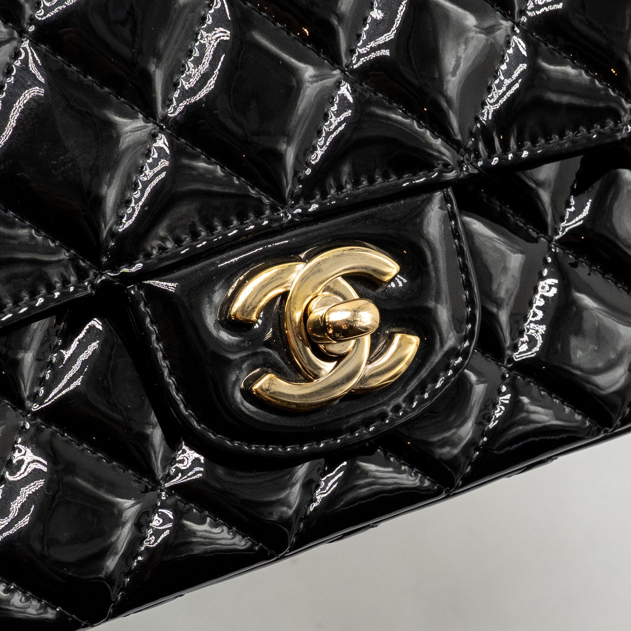 CHANEL MINI RECTANGULAR FLAP BAG PATENT LEATHER BLACK LGHW