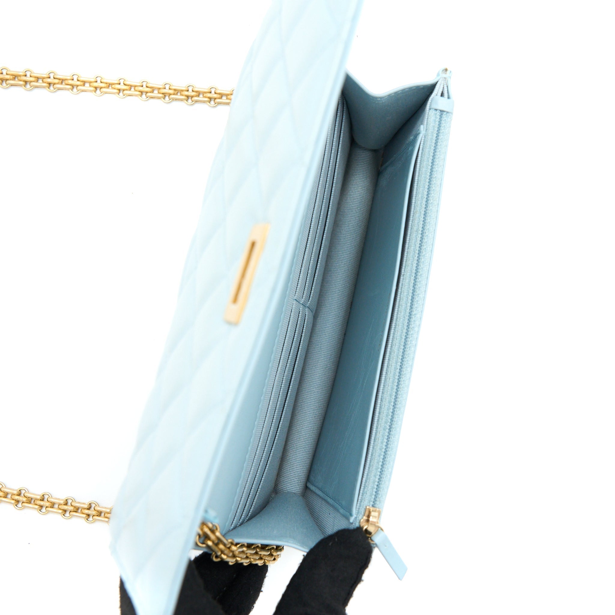 CHANEL 2.55 REISSUE WALLET ON CHAIN AGED CALFSKIN LIGHT BLUE BRUSHED GHW (MICROCHIP)