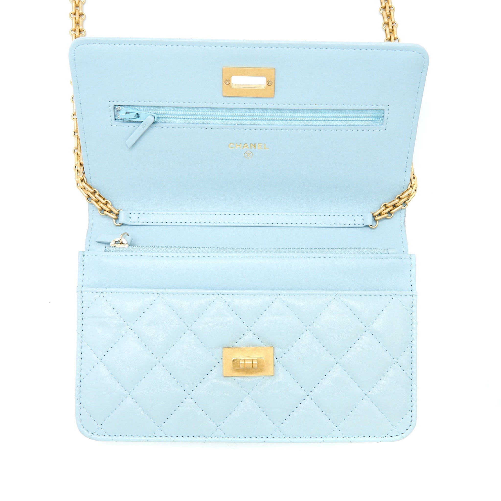 CHANEL 2.55 REISSUE WALLET ON CHAIN AGED CALFSKIN LIGHT BLUE BRUSHED GHW (MICROCHIP)