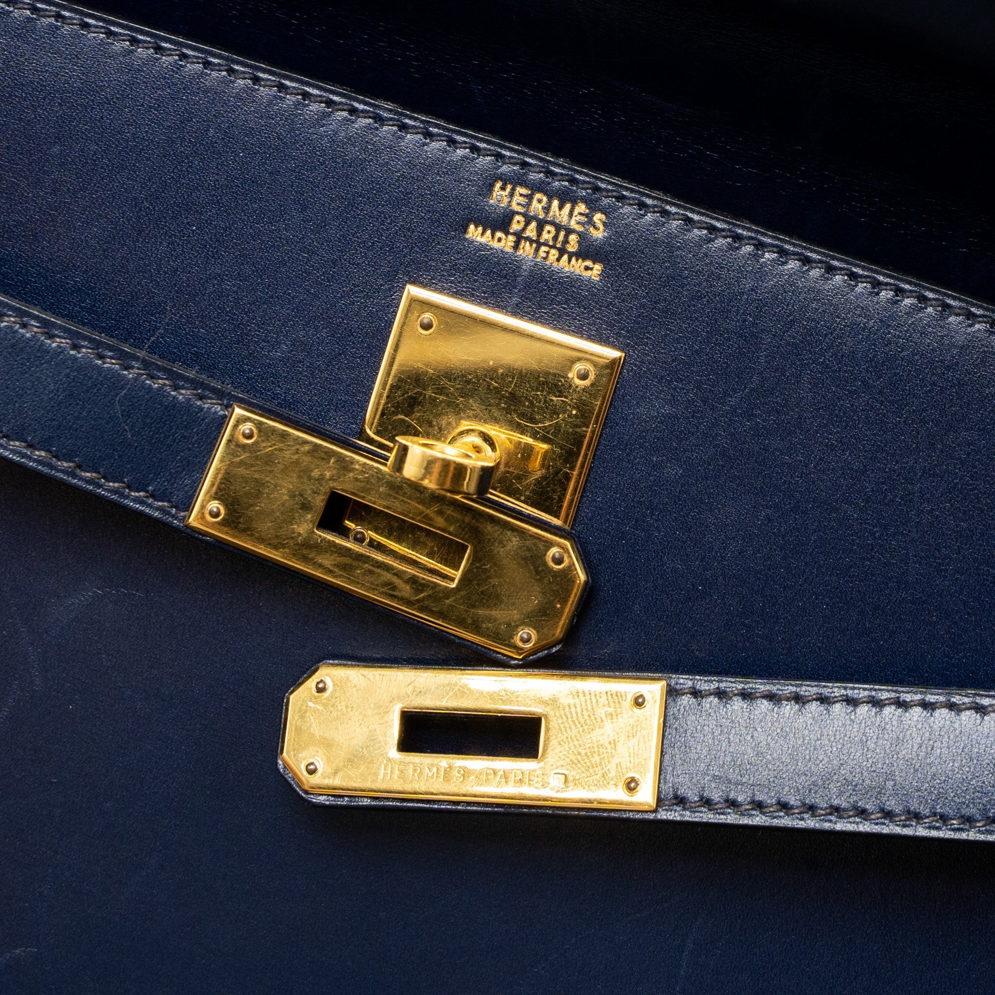 HERMES KELLY 32 BOX DARK BLUE GHW CIRCLE Z
