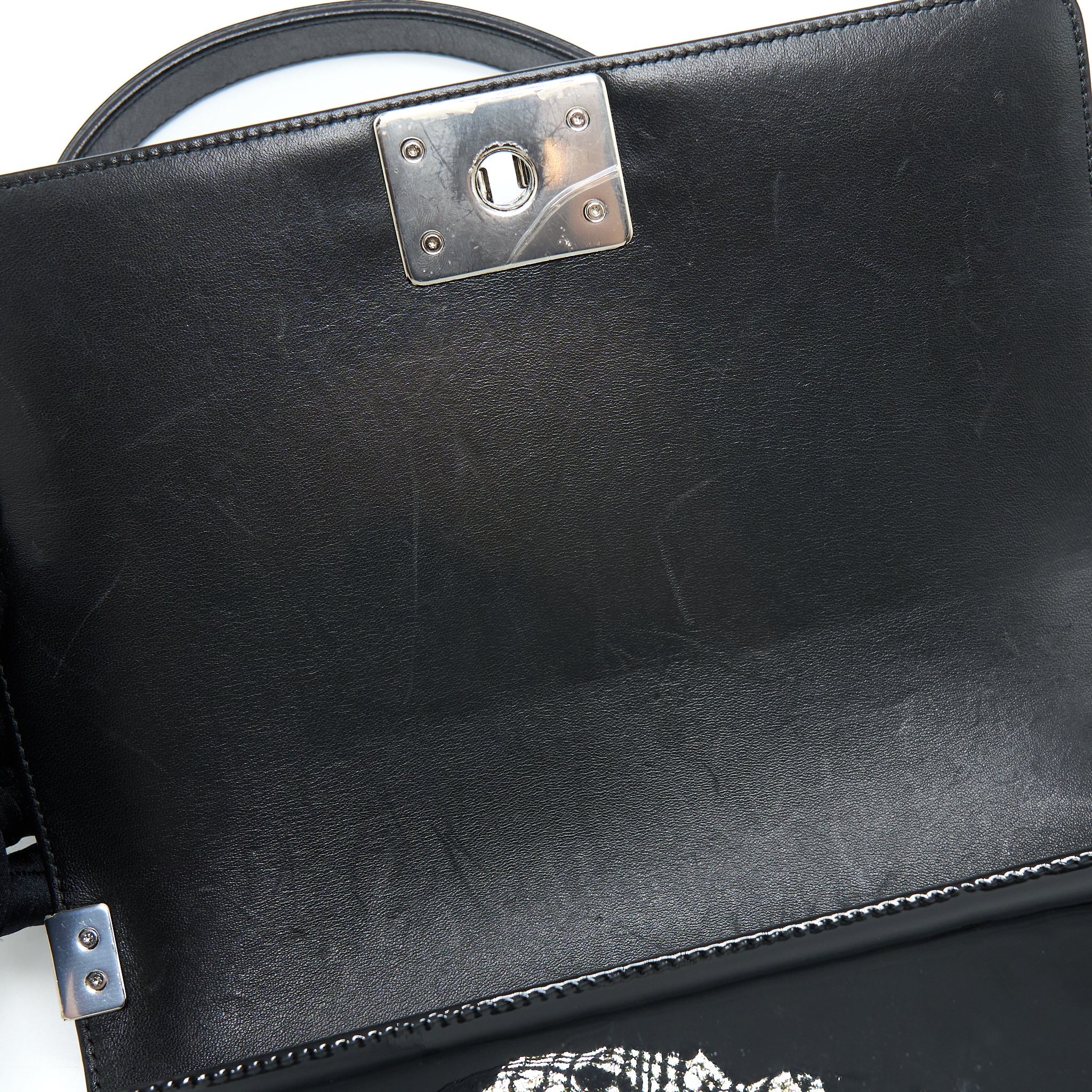 CHANEL MEDIUM BOY BAG CHEVRON LIMITED PATENT BLACK SHW