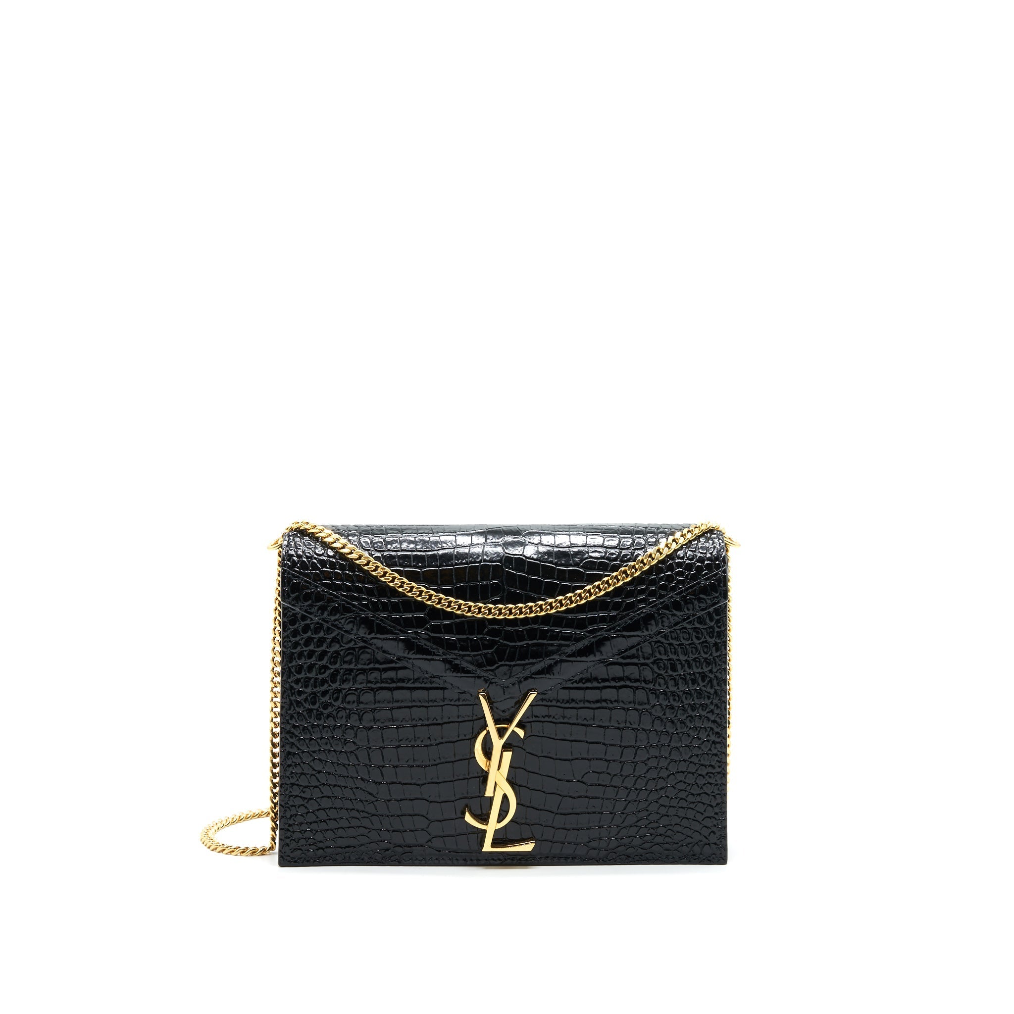 SAINT LAURENT CASSANDRA MONOGRAM CLASP BAG CROC-EMBOSSED CALFSKIN BLACK GHW