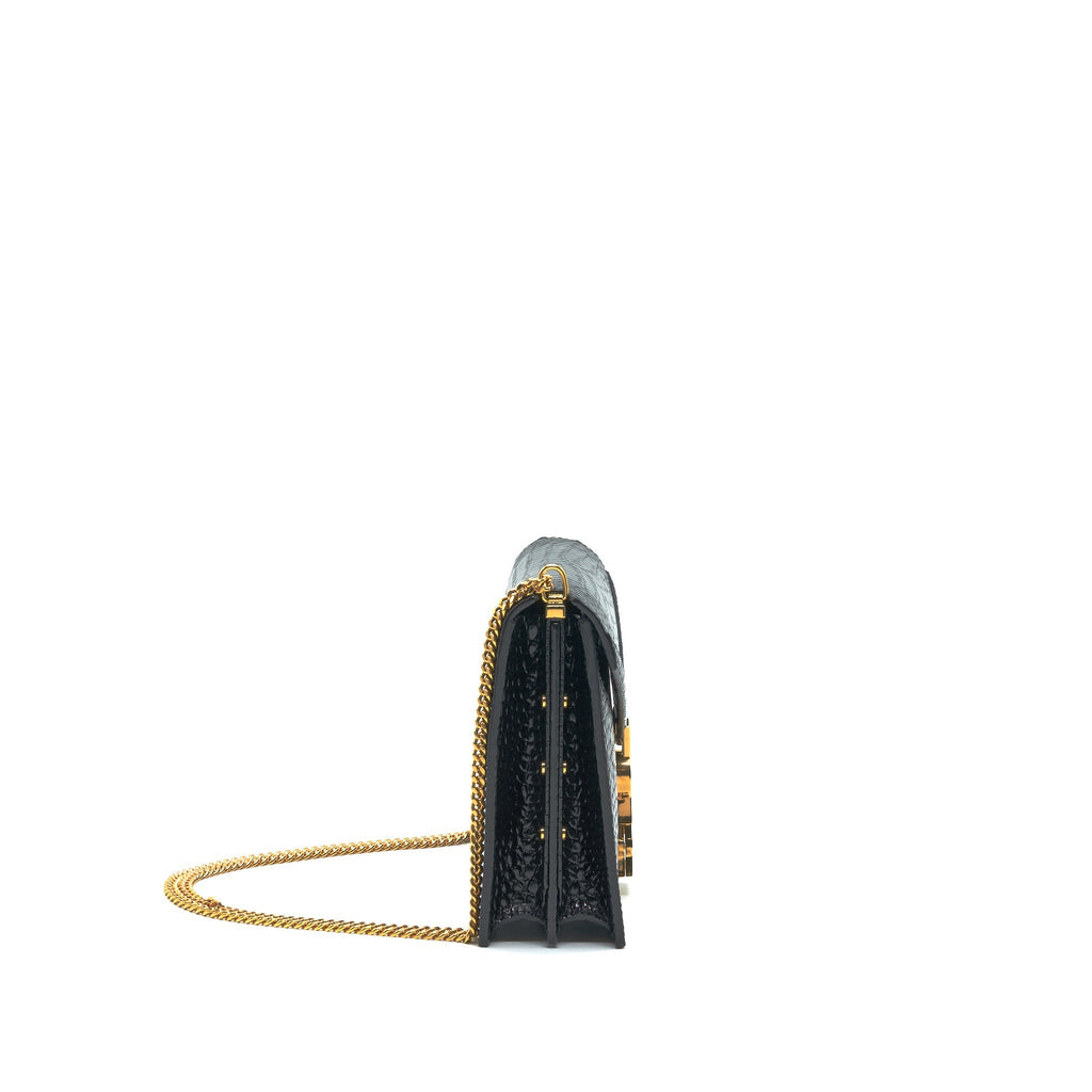 SAINT LAURENT CASSANDRA MONOGRAM CLASP BAG CROC-EMBOSSED CALFSKIN BLACK GHW
