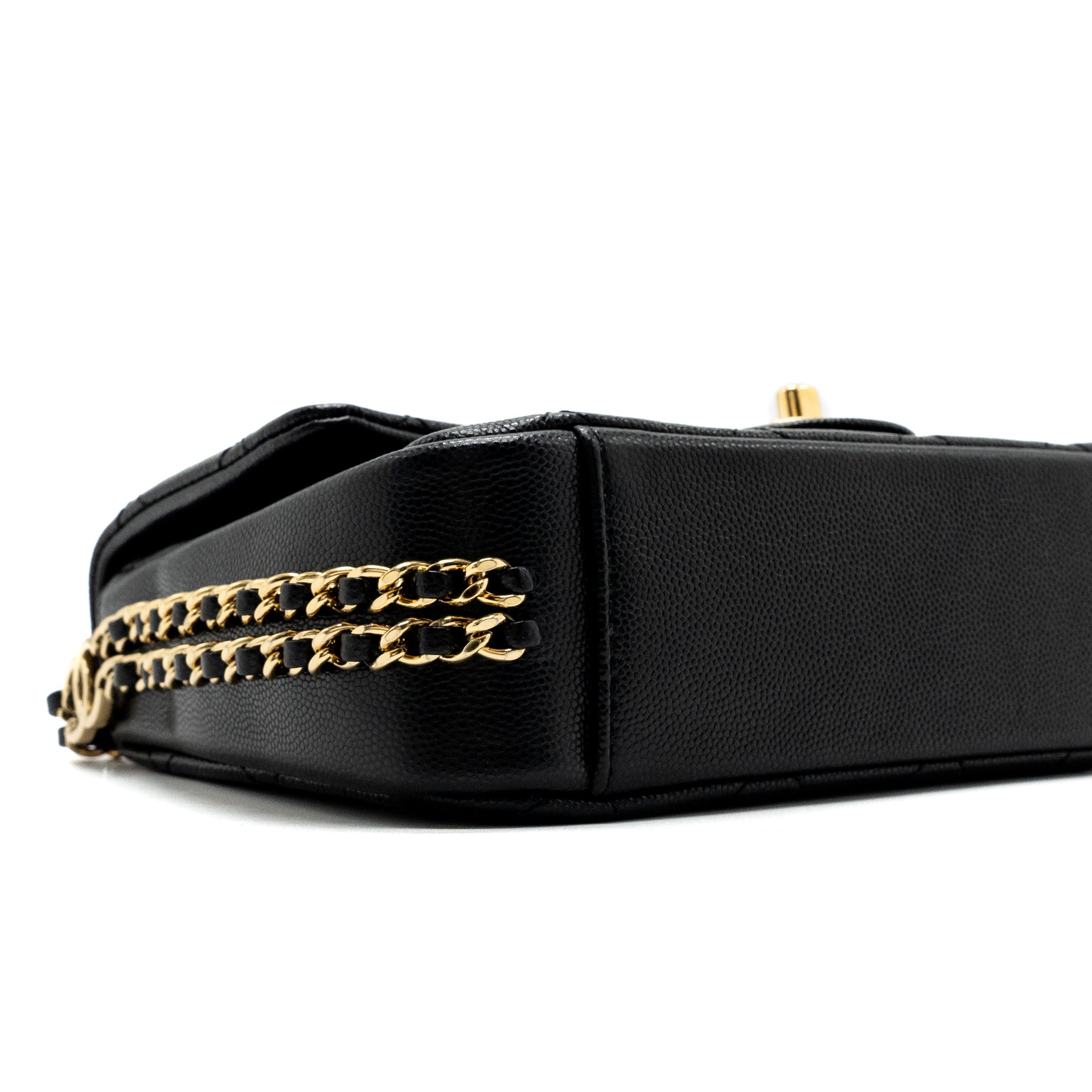 CHANEL QUILTED FLAP BAG WITH DOUBLE AND CC LOGO CHAIN CAVIAR BLACK GHW (MICROCHIP)