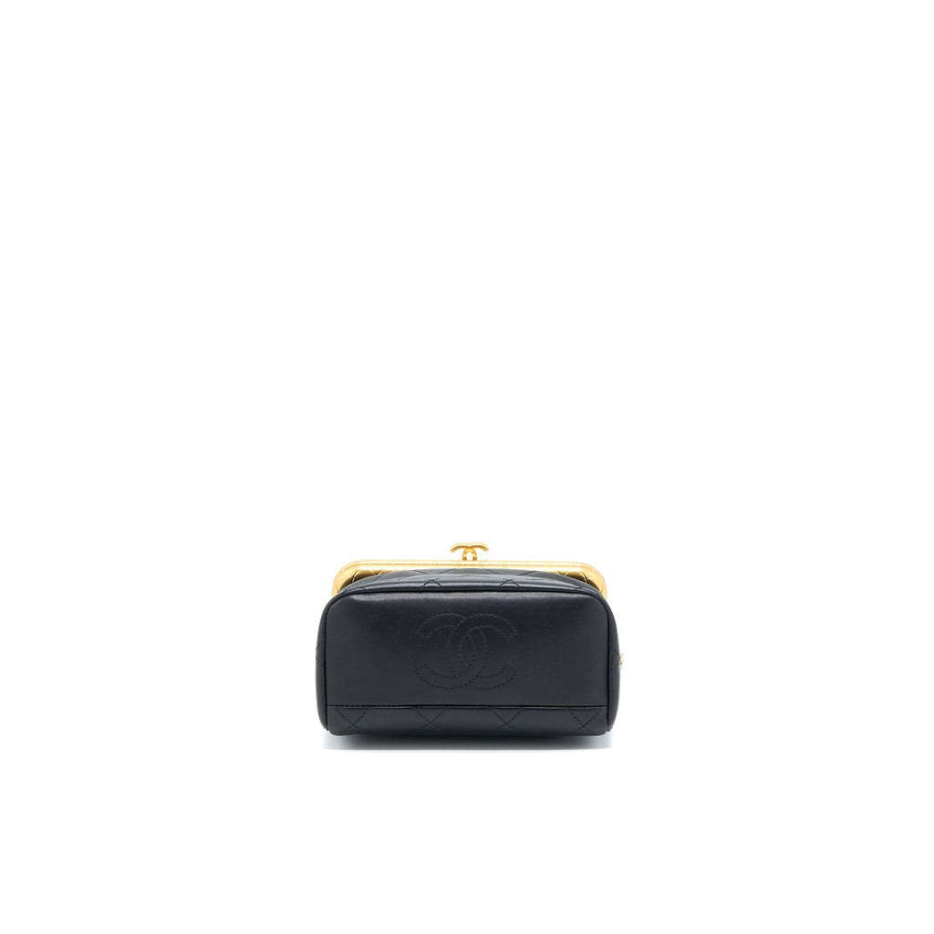 CHANEL KISS LOCK CLASP BAG LAMBSKIN BLACK BRUSHED GHW