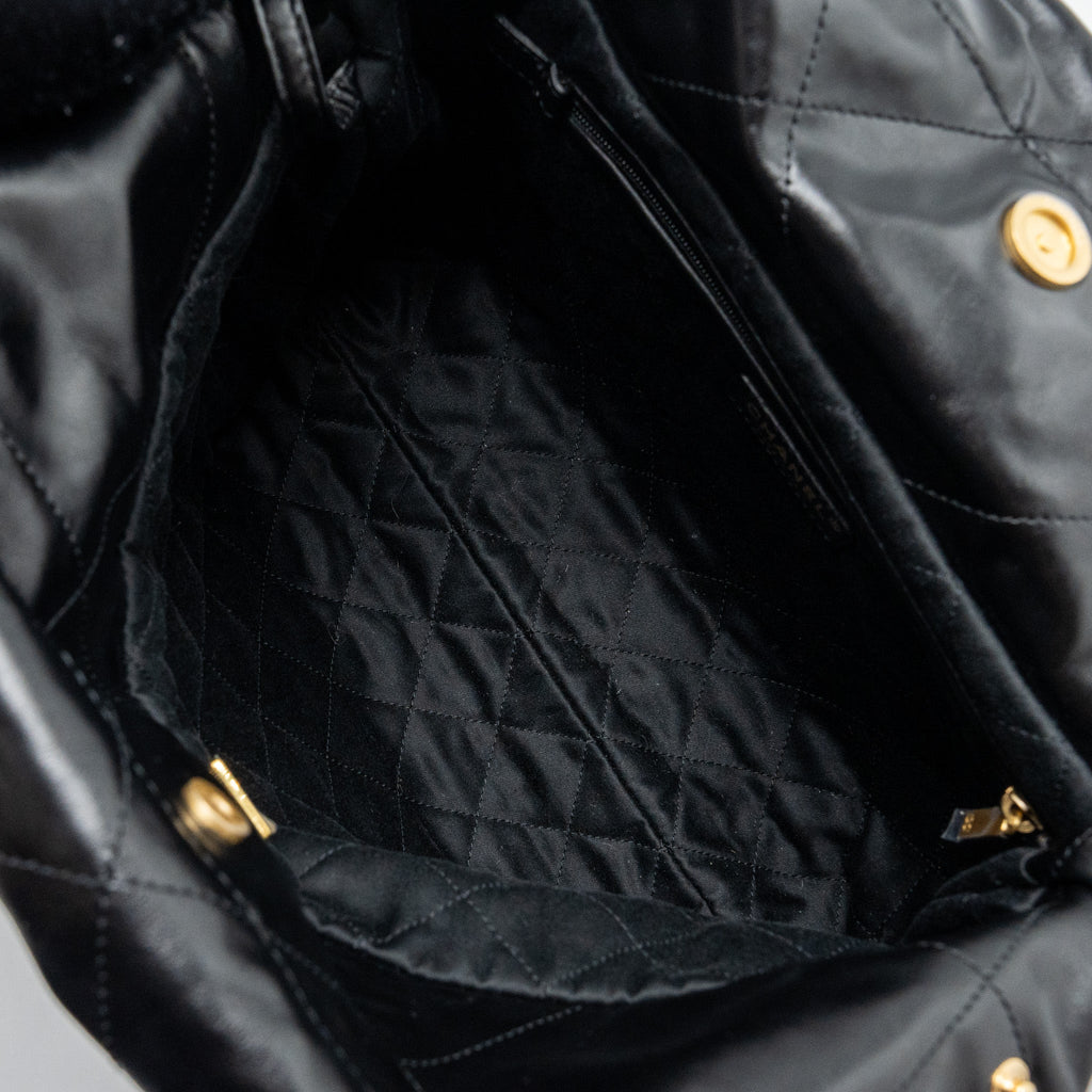 CHANEL SMALL 22 BAG GOLD LETTER SHINY  CALFSKIN BLACK BRUSHED GHW (MICROCHIP)