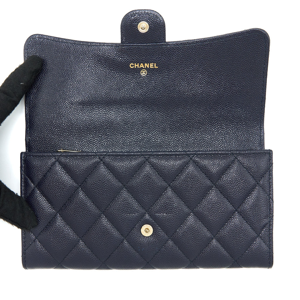 CHANEL CLASSIC FLAP LONG WALLET CAVIAR DARK BLUE LGHW