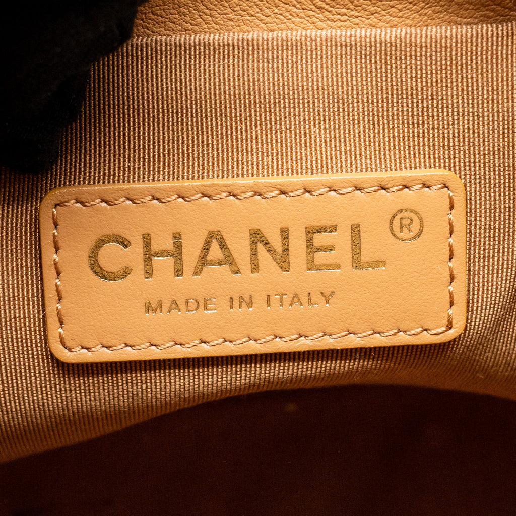 CHANEL MINI DRAWSTRING BUCKET BAG CALFSKIN DARK BEIGE LGHW