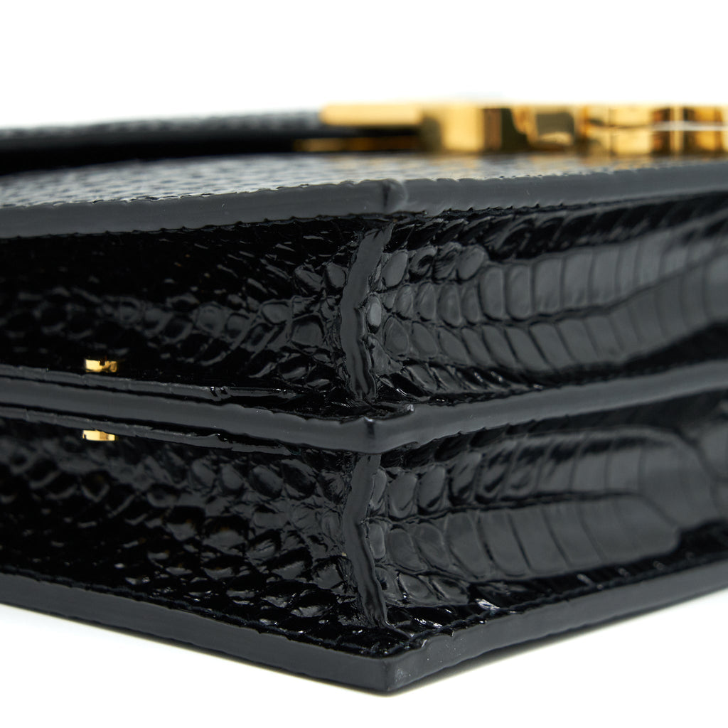 SAINT LAURENT CASSANDRA MONOGRAM CLASP BAG CROC-EMBOSSED CALFSKIN BLACK GHW