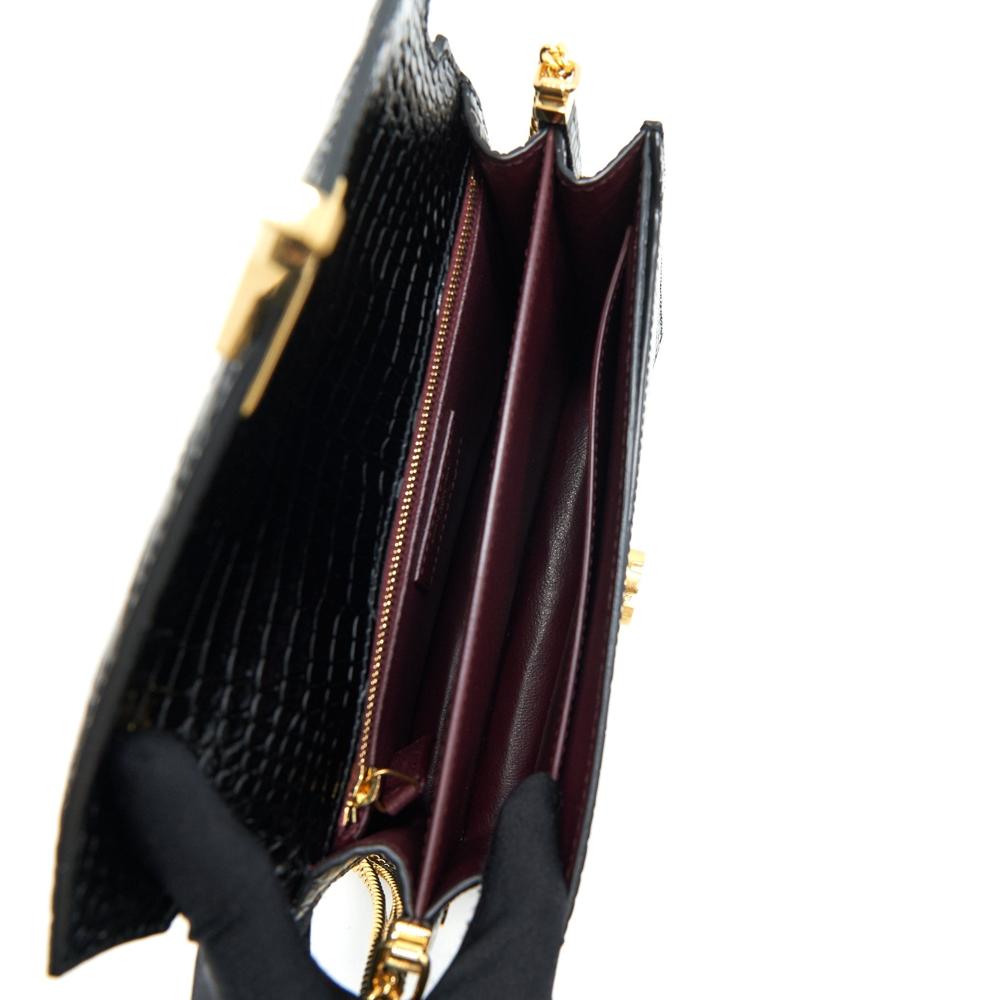 SAINT LAURENT CASSANDRA MONOGRAM CLASP BAG CROC-EMBOSSED CALFSKIN BLACK GHW