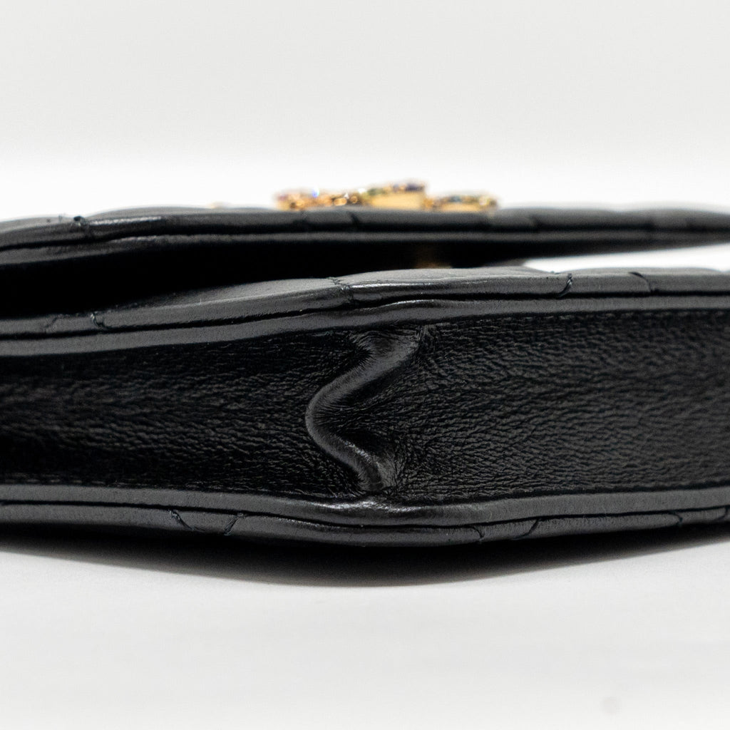 CHANEL ZIRCONIUM FLAP CLUTCH/CARD HOLDER WITH CHAIN LAMBSKIN BLACK GHW