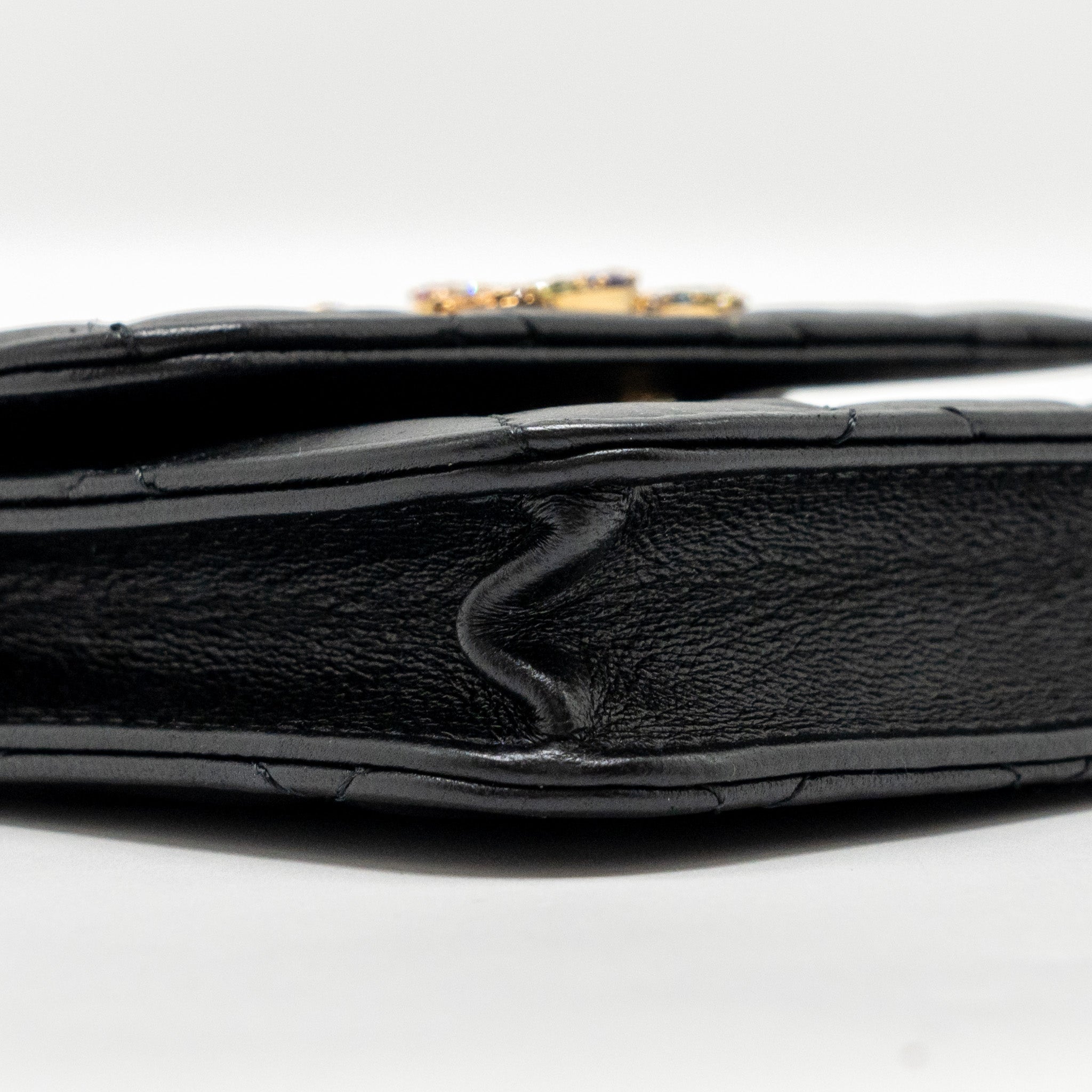 CHANEL ZIRCONIUM FLAP CLUTCH/CARD HOLDER WITH CHAIN LAMBSKIN BLACK GHW