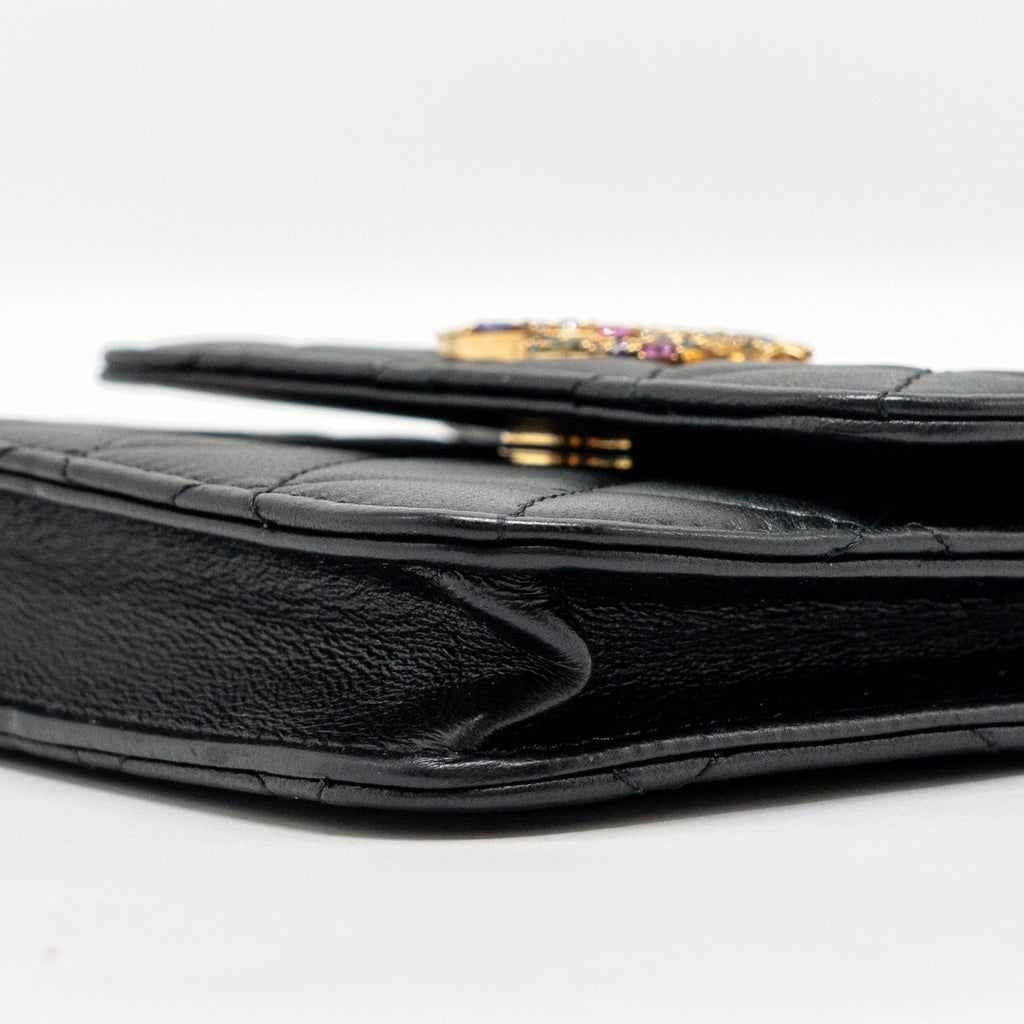 CHANEL ZIRCONIUM FLAP CLUTCH/CARD HOLDER WITH CHAIN LAMBSKIN BLACK GHW