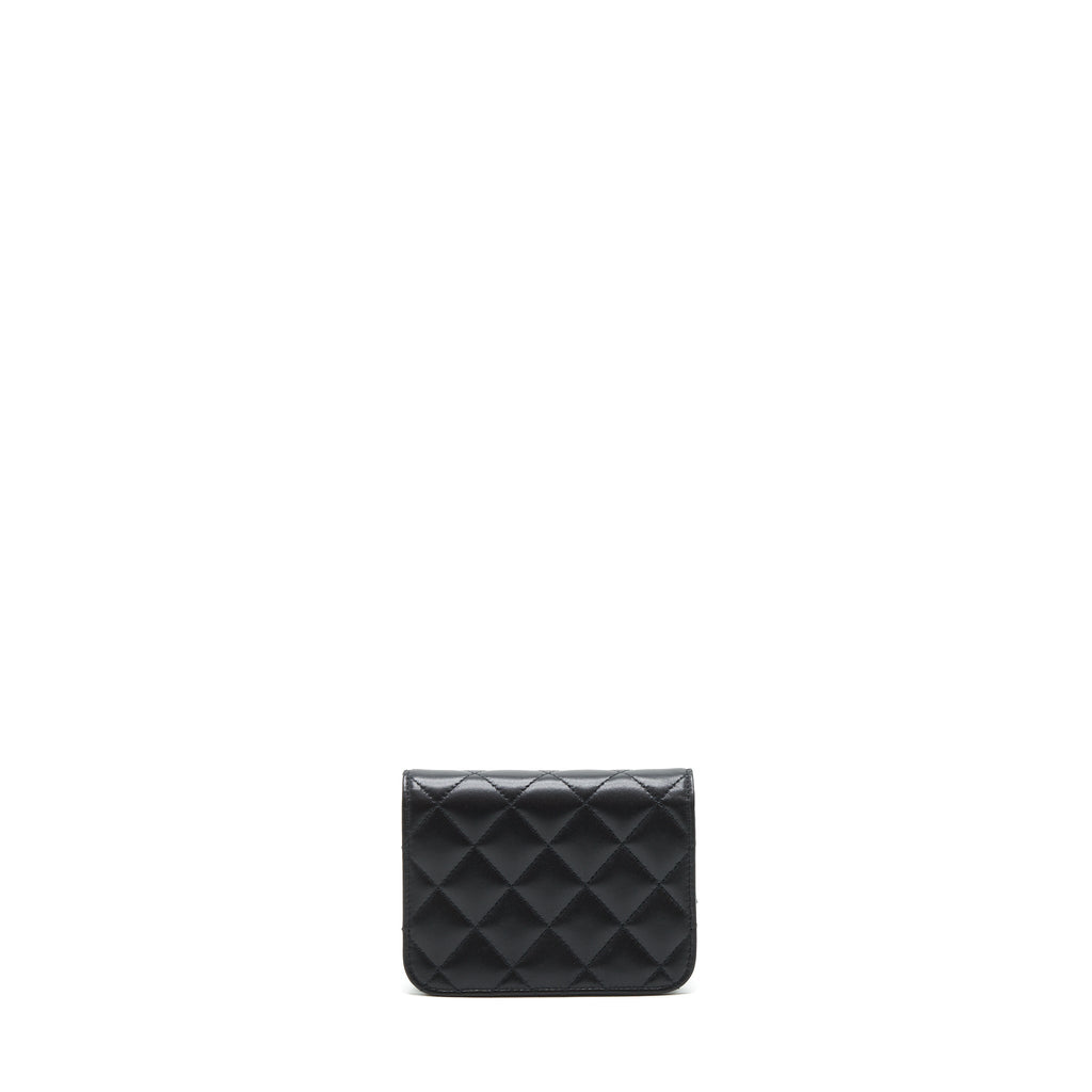 CHANEL MINI FLAP CARD HOLDER RIBBON CHAIN LAMBSKIN BLACK LGHW