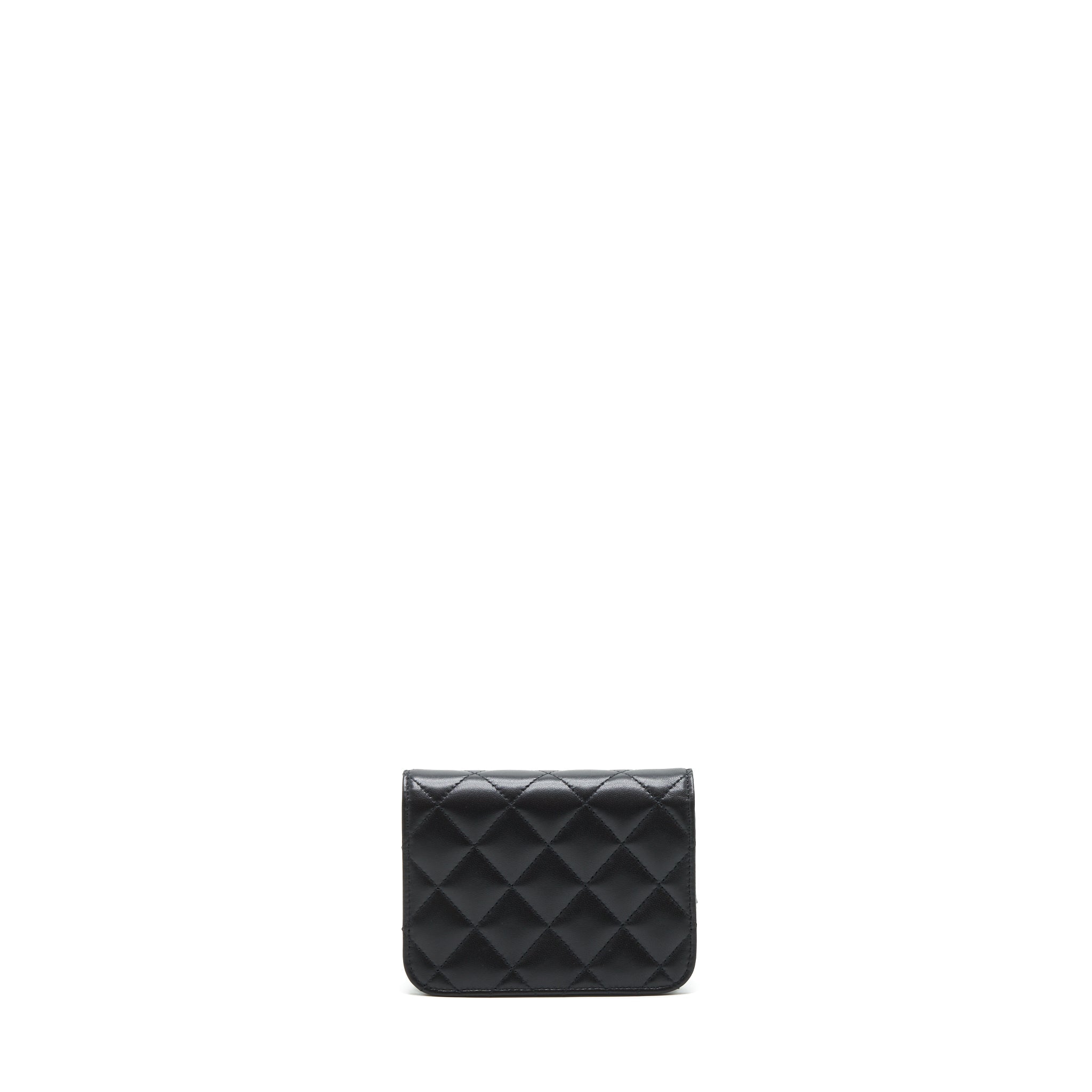 CHANEL MINI FLAP CARD HOLDER RIBBON CHAIN LAMBSKIN BLACK LGHW