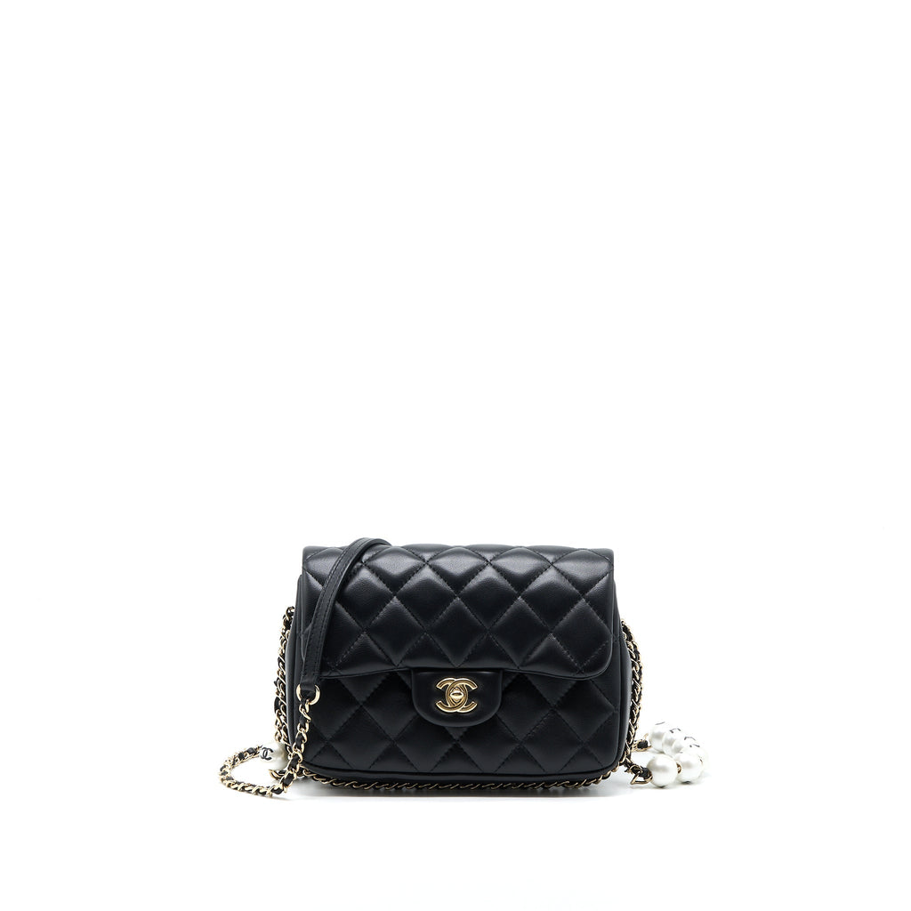 CHANEL SMALL PEARL LOGO STRAP FLAP BAG LAMBSKIN BLACK LGHW