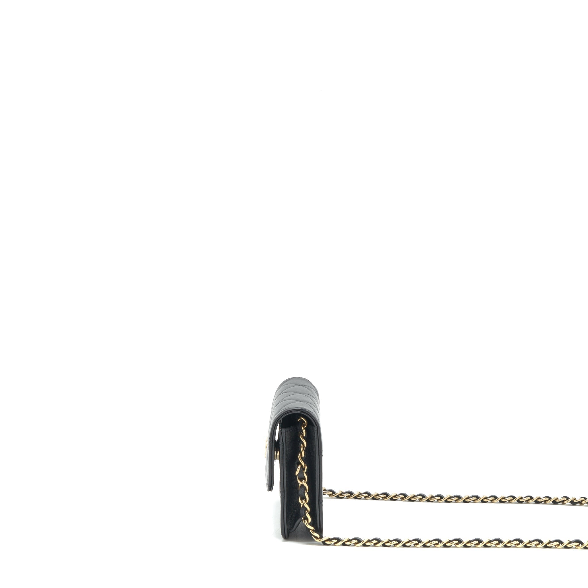 CHANEL MINI FLAP CARD HOLDER RIBBON CHAIN LAMBSKIN BLACK LGHW