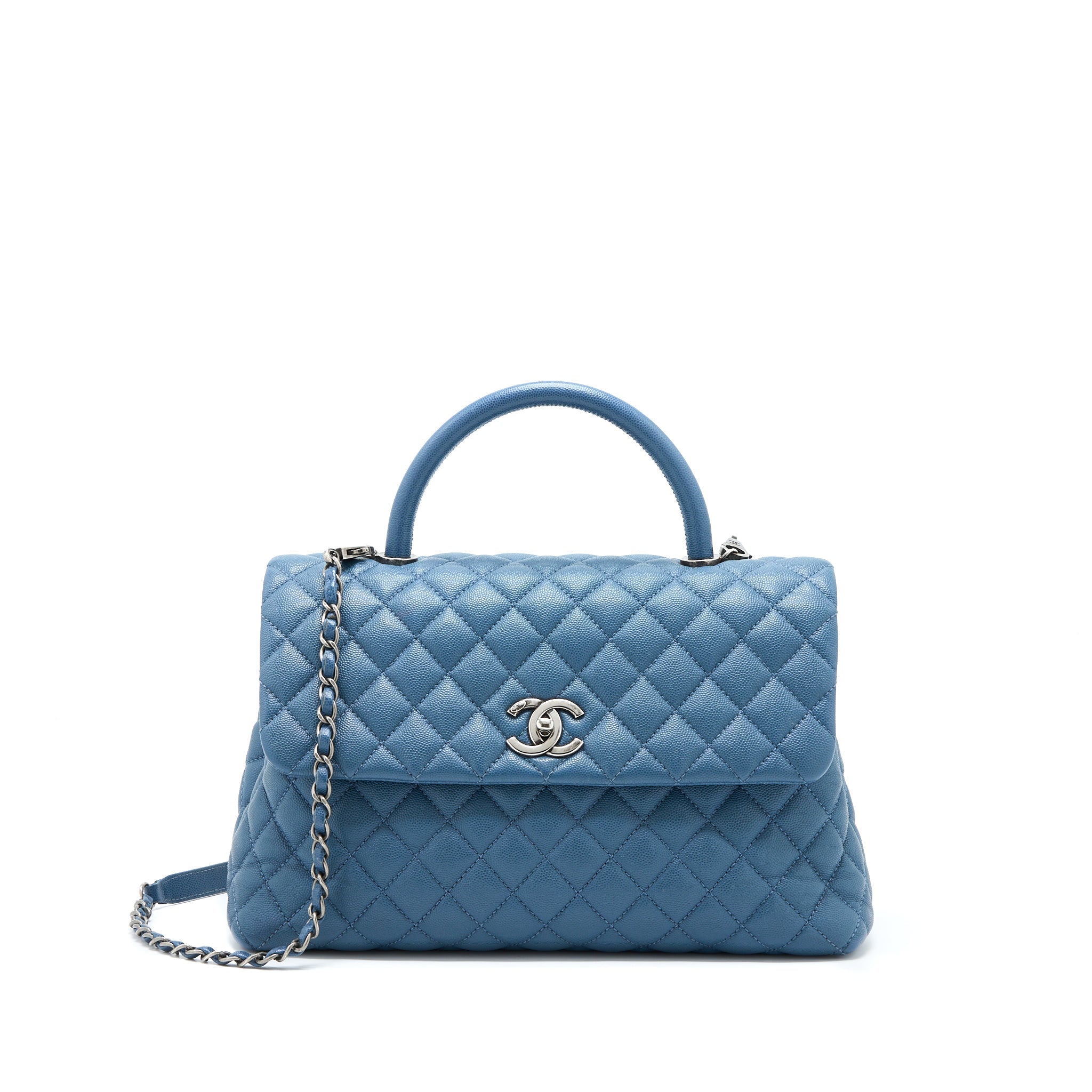 CHANEL COCO TOP HANDLE FLAP BAG CAVIAR BLUE RUTHENIUM HARDWARE