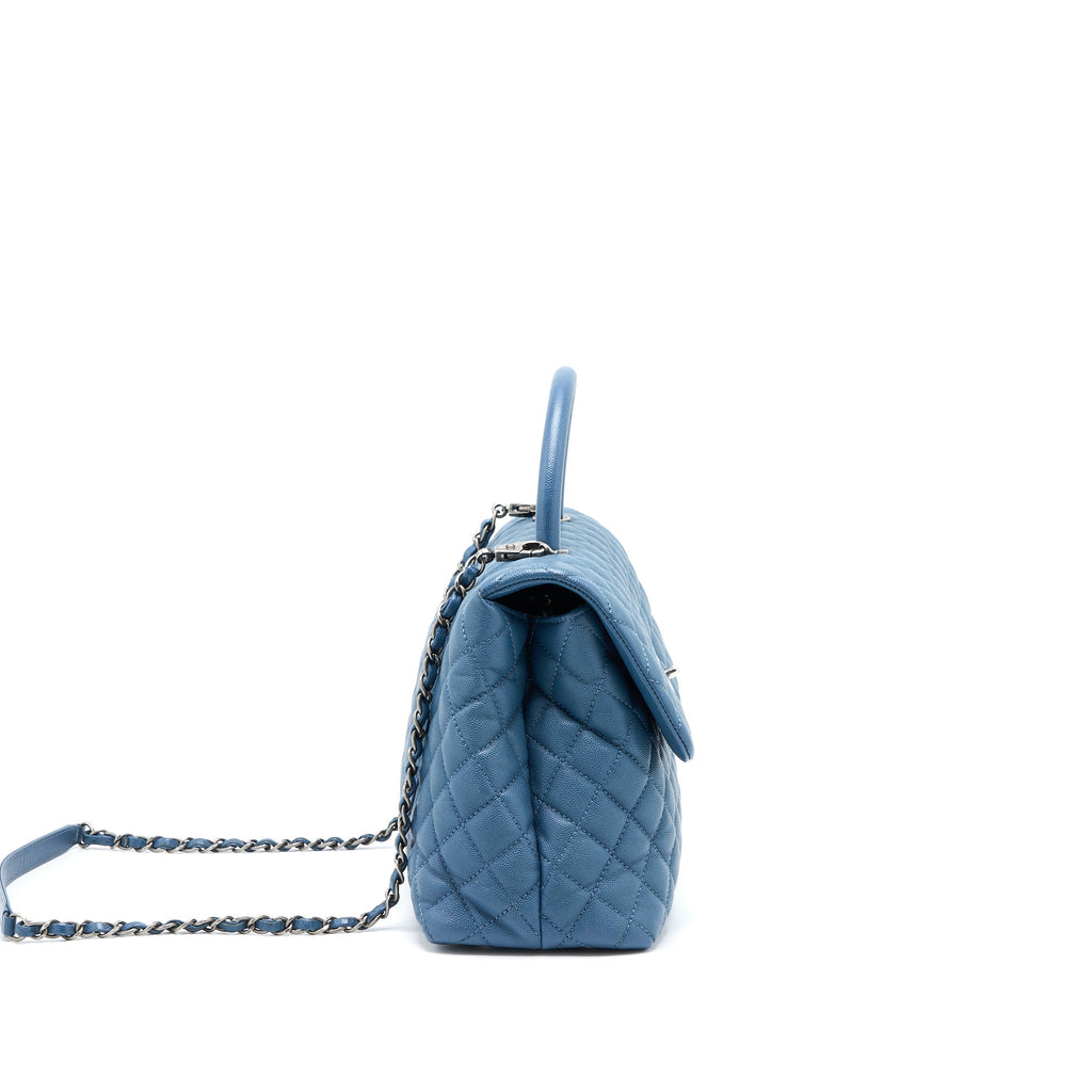 CHANEL COCO TOP HANDLE FLAP BAG CAVIAR BLUE RUTHENIUM HARDWARE