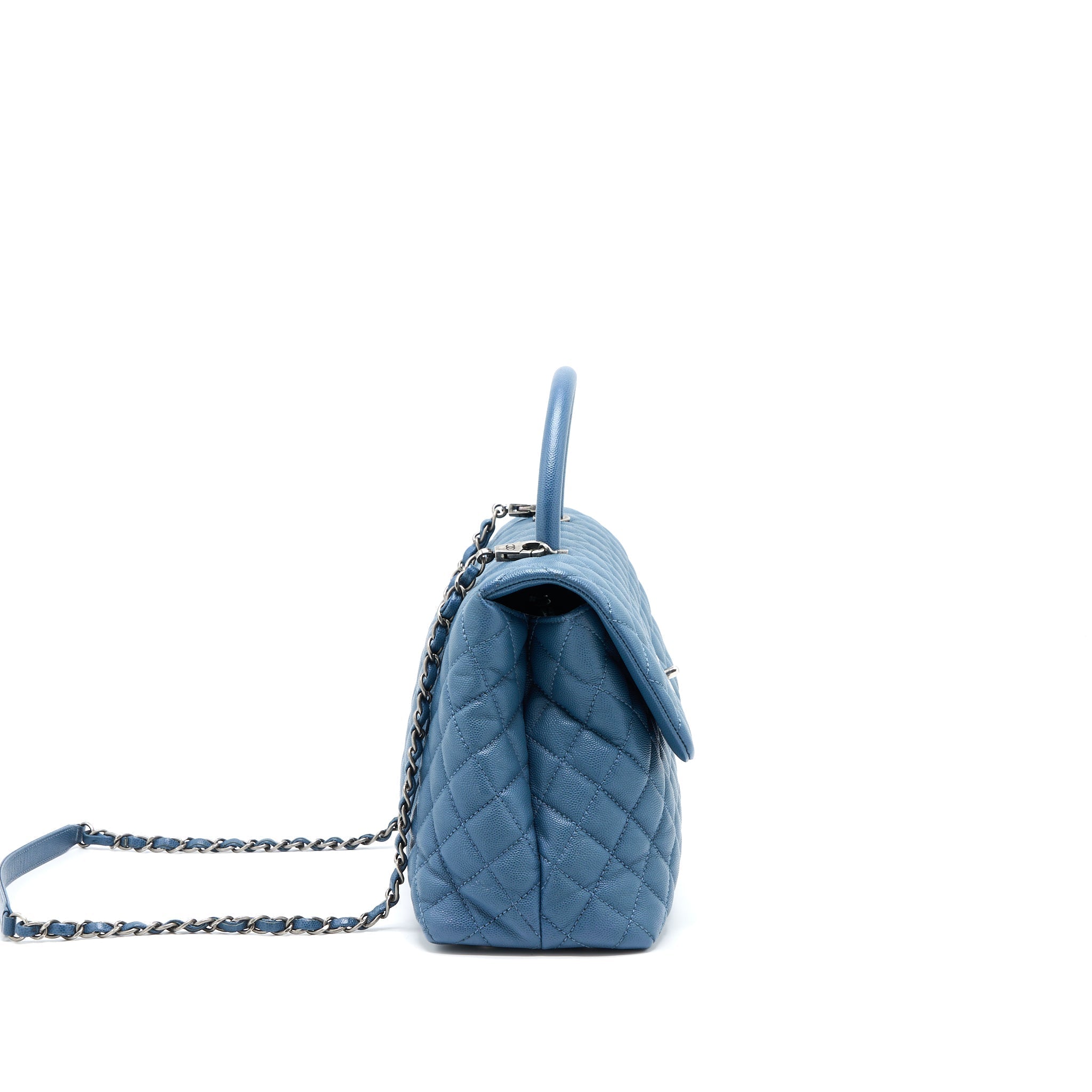 CHANEL COCO TOP HANDLE FLAP BAG CAVIAR BLUE RUTHENIUM HARDWARE