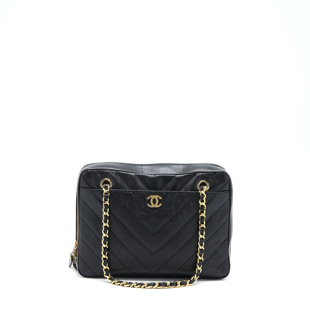 CHANEL VINTAGE CAMERA CHEVRON TOTE BAG CAVIAR BLACK GHW