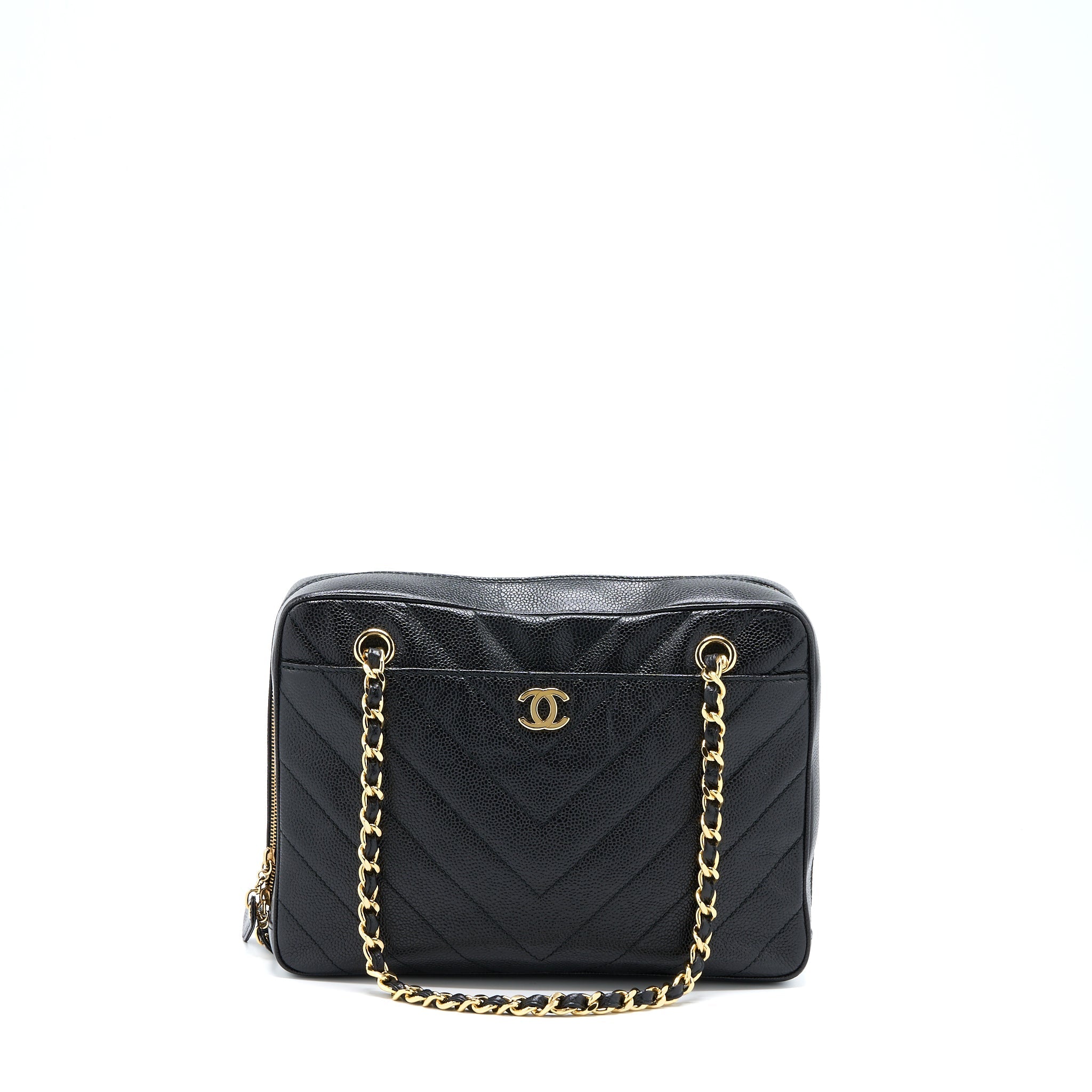 CHANEL VINTAGE CAMERA CHEVRON TOTE BAG CAVIAR BLACK GHW