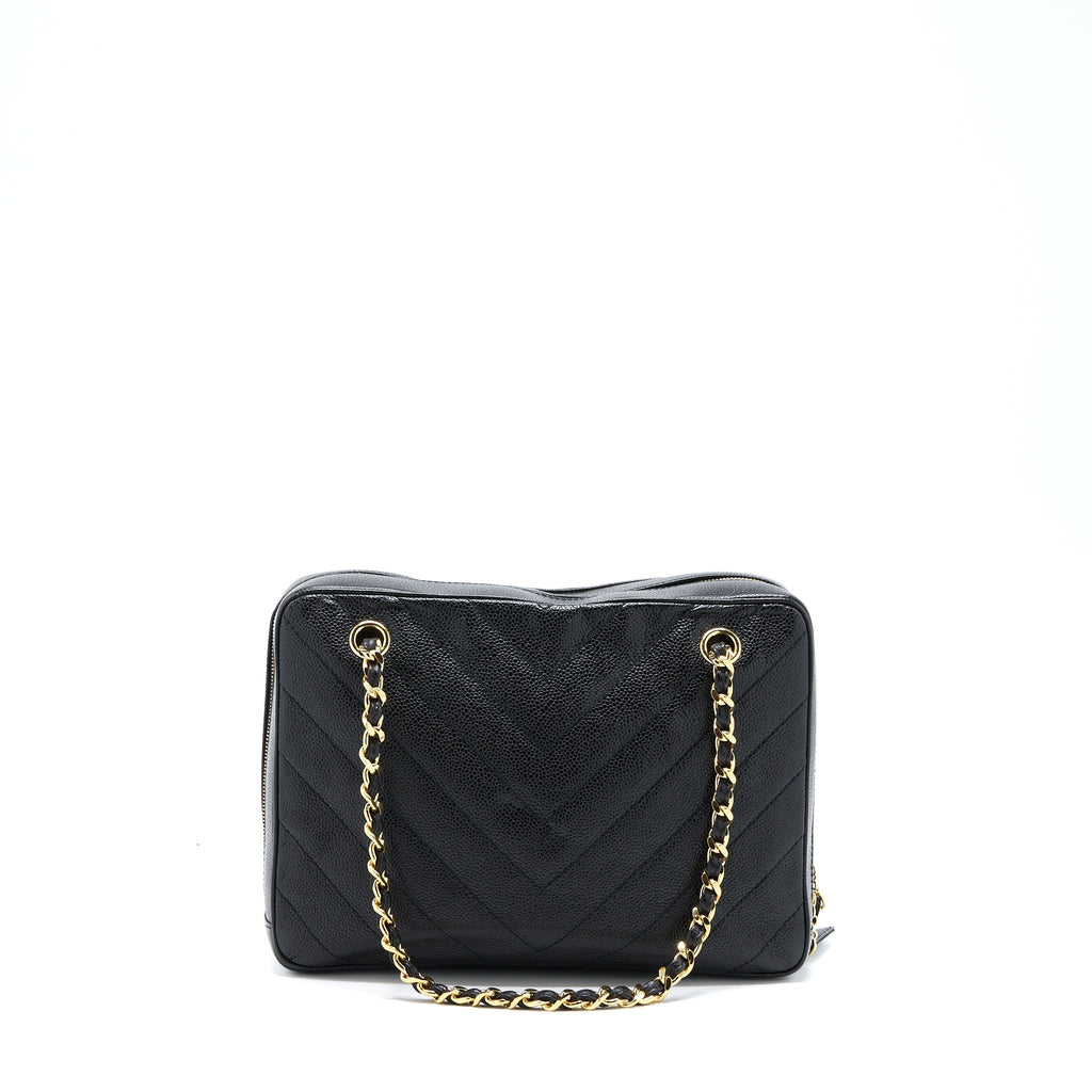 CHANEL VINTAGE CAMERA CHEVRON TOTE BAG CAVIAR BLACK GHW