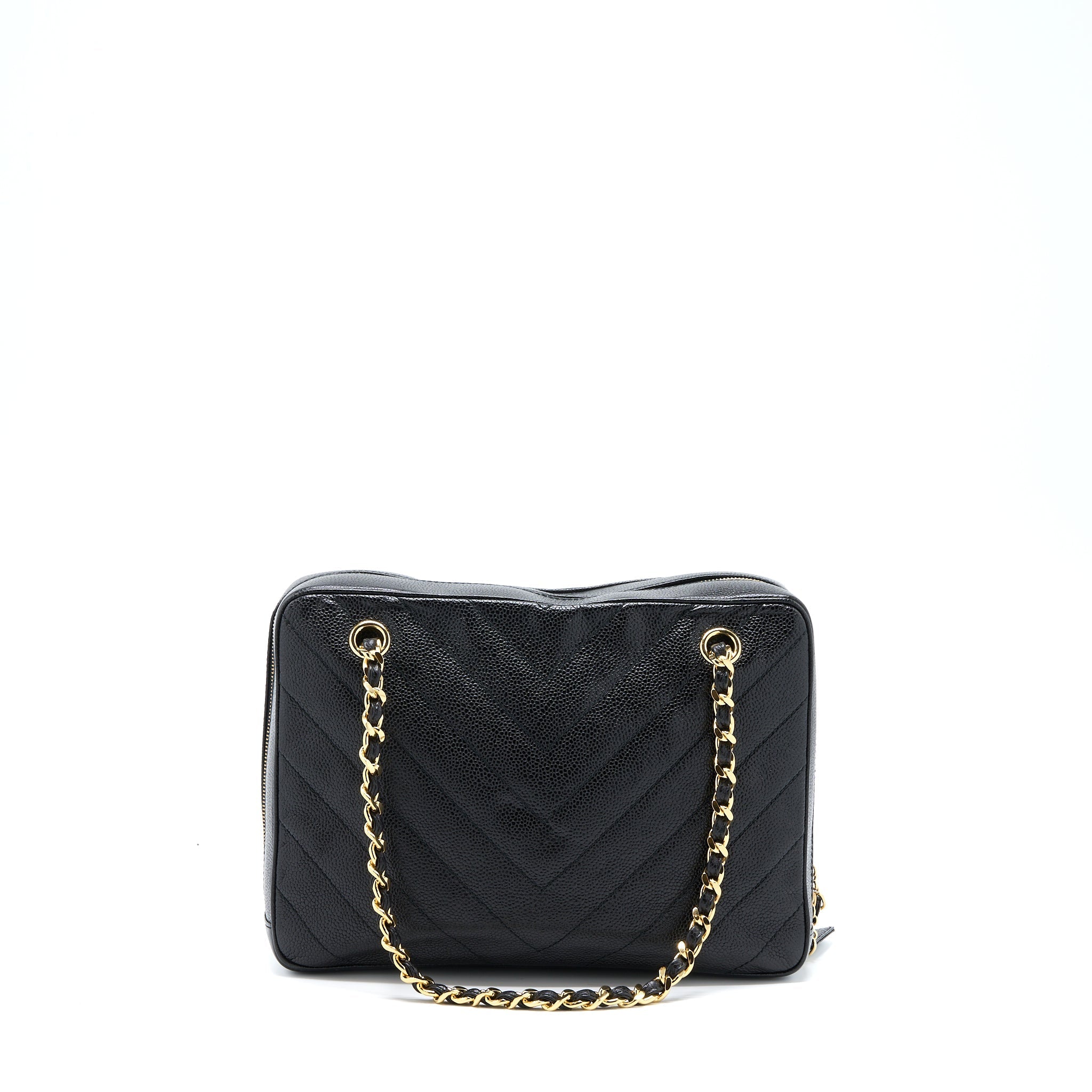 CHANEL VINTAGE CAMERA CHEVRON TOTE BAG CAVIAR BLACK GHW