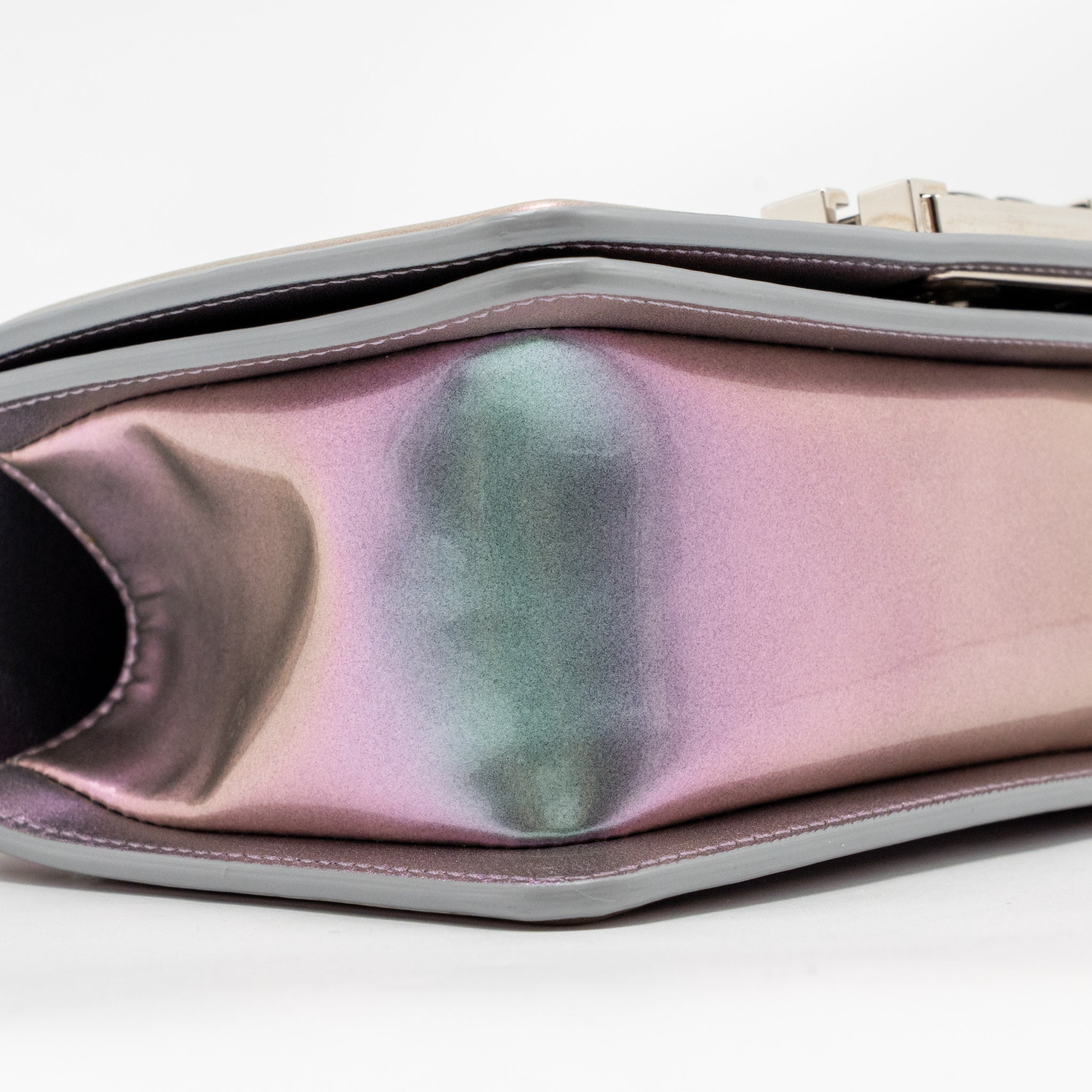 CHANEL SMALL BOY BAG LIMITED EDITION PATENT LEATHER IRIDESCENT LIGHT PURPLE SHW