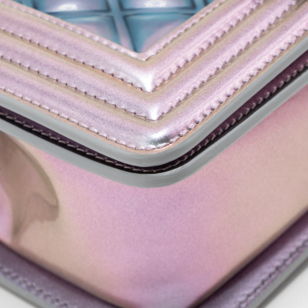 CHANEL SMALL BOY BAG LIMITED EDITION PATENT LEATHER IRIDESCENT LIGHT PURPLE SHW